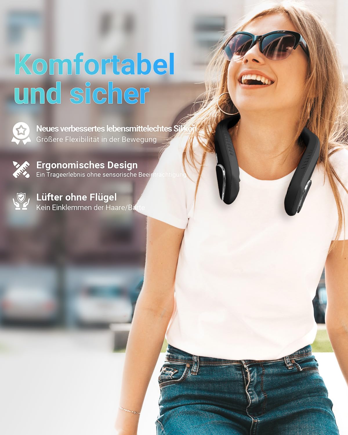 Jialexin Tragbarer Nackenventilator, Hals Ventilator Wiederaufladbar mit 6000mah, Persönlicher Ventilator mit 3 Geschwindigkeiten,Blattlos Ventilator FüR Sport,Reisen,Außen,Innen,Geschenk(Schwarz)