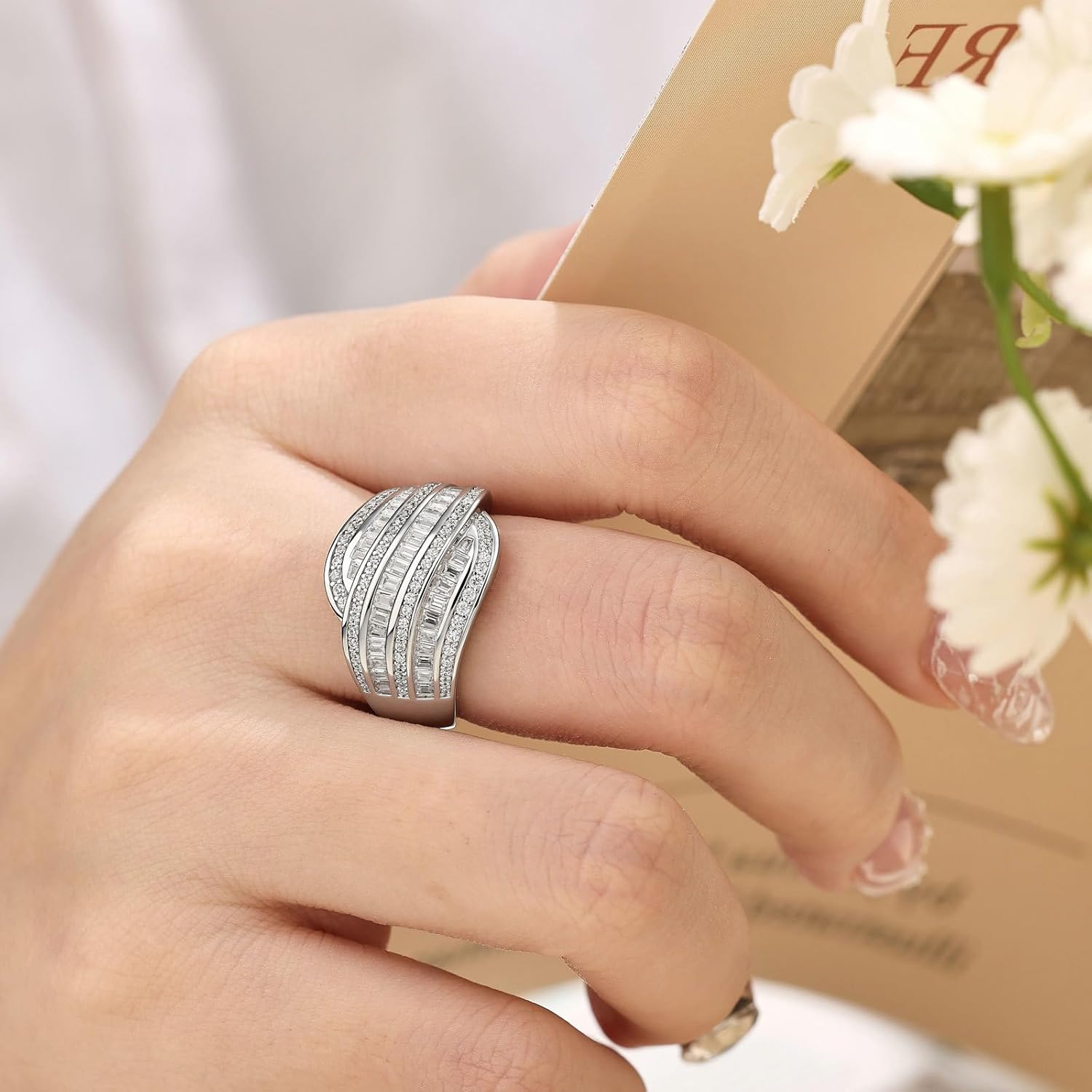 SHELOVES Moissanite Wide Wedding Bands For Women Baguette Cut Multi-Row Anniversary Wave Ring White Gold Plated Silver Sz 5-10