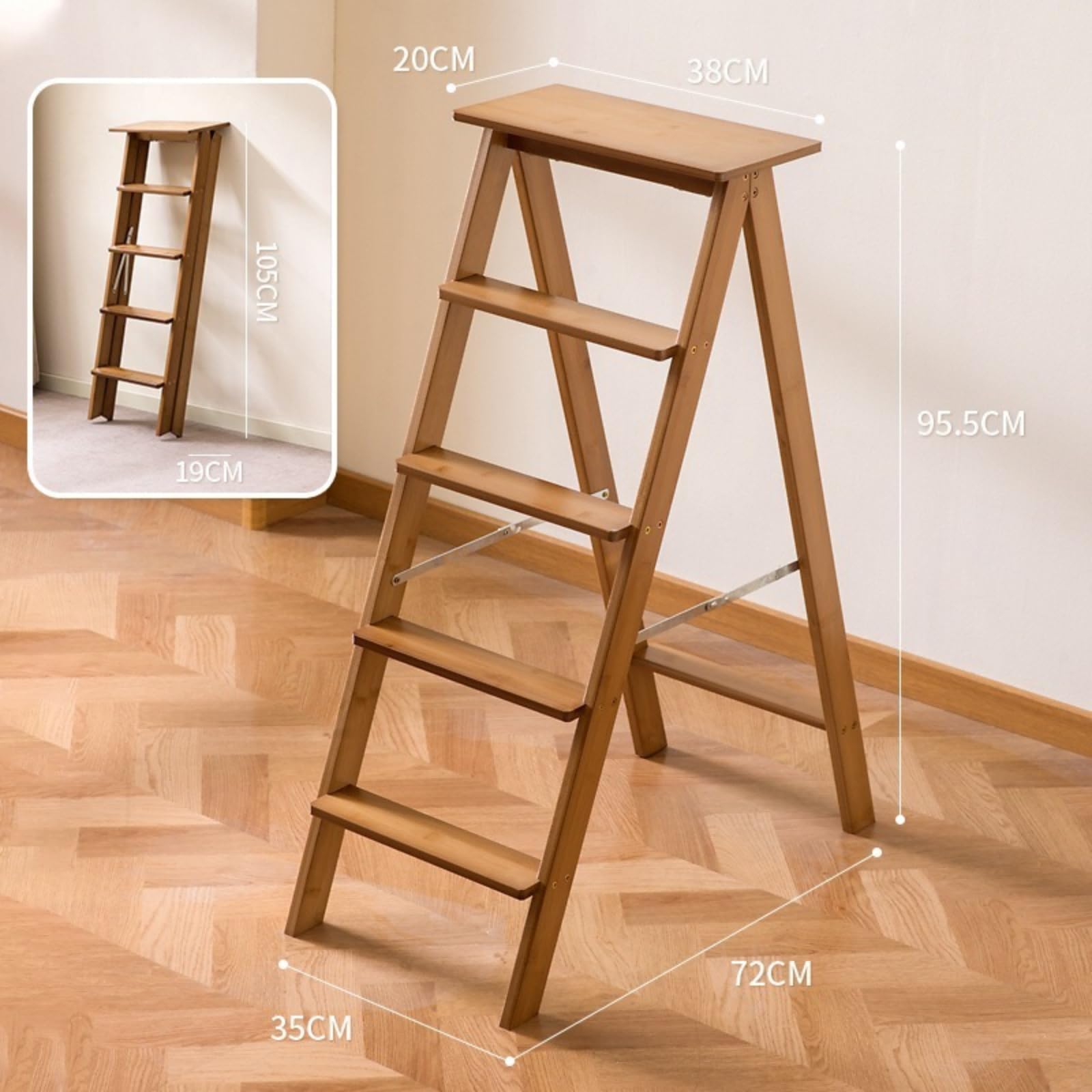 Escabeau pliant en bois à 3/4/5 marches, capacité de charge de 100 kg, Tabouret escabeau pliant multifonctionnel, large pédale antidérapante, pour la maison/cuisine/garage,échelle utilitaire(5 floors)