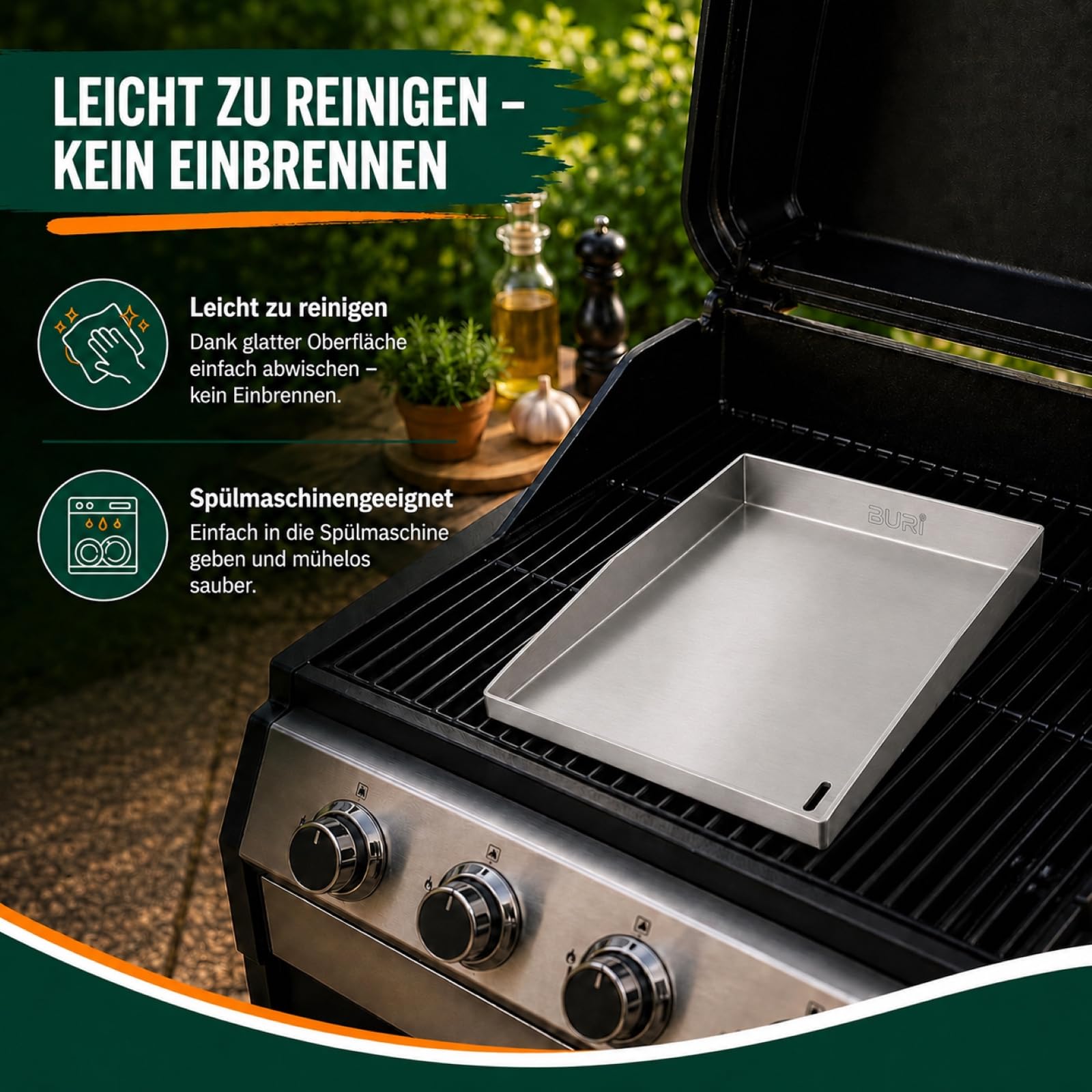 Piastra per griglia in acciaio inox, 30 x 20 x 3,5 cm, per barbecue | BURI, 2 mm, in acciaio inox, resistente al calore, con foro di scarico, per hamburger, accessori per barbecue, barbecue a gas