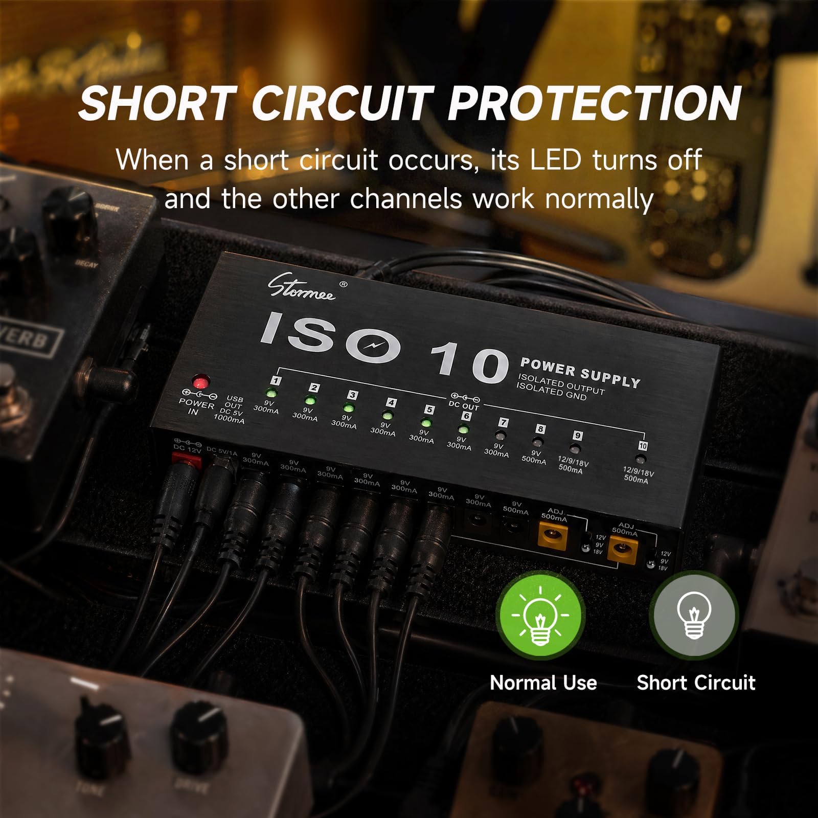 Stormee SP-2 - Alimentatore a pedale per chitarra, 10 uscite CC isolate, 9V/12V/18V 300mA 500mA per pedali effetto, con porta USB, protezione da sovracorrente da cortocircuito