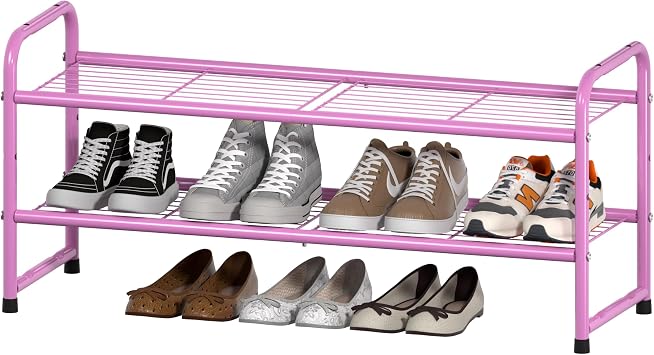 SUFAUY 2 Tier 33" Wide Shoe Rack, Closet Metal Wire, Stackable, Pink