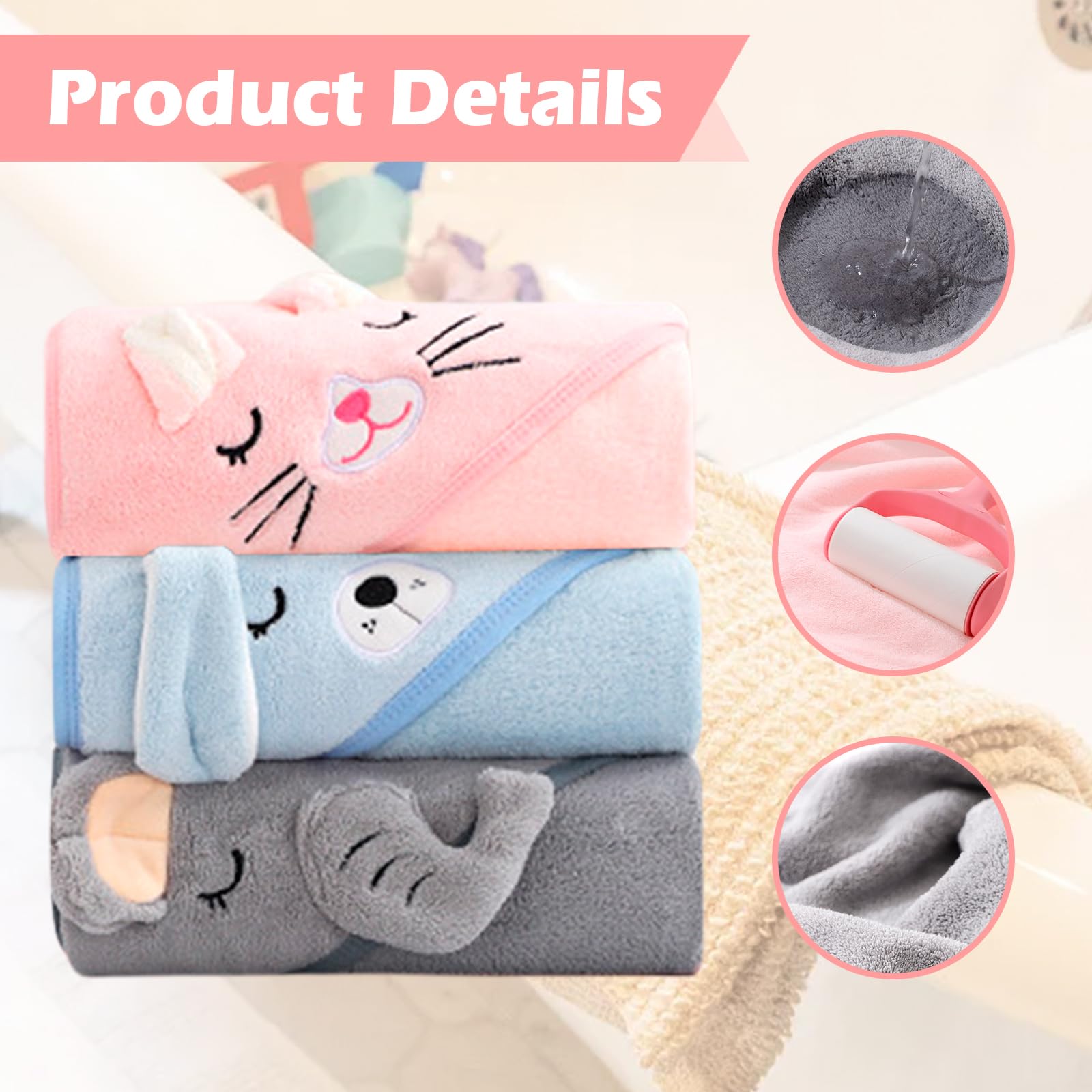 Lot de 3 serviettes à capuche : 80 x 80 cm Serviette bébé avec capuche, serviette de bain douce et super absorbante, poncho de bain unisexe