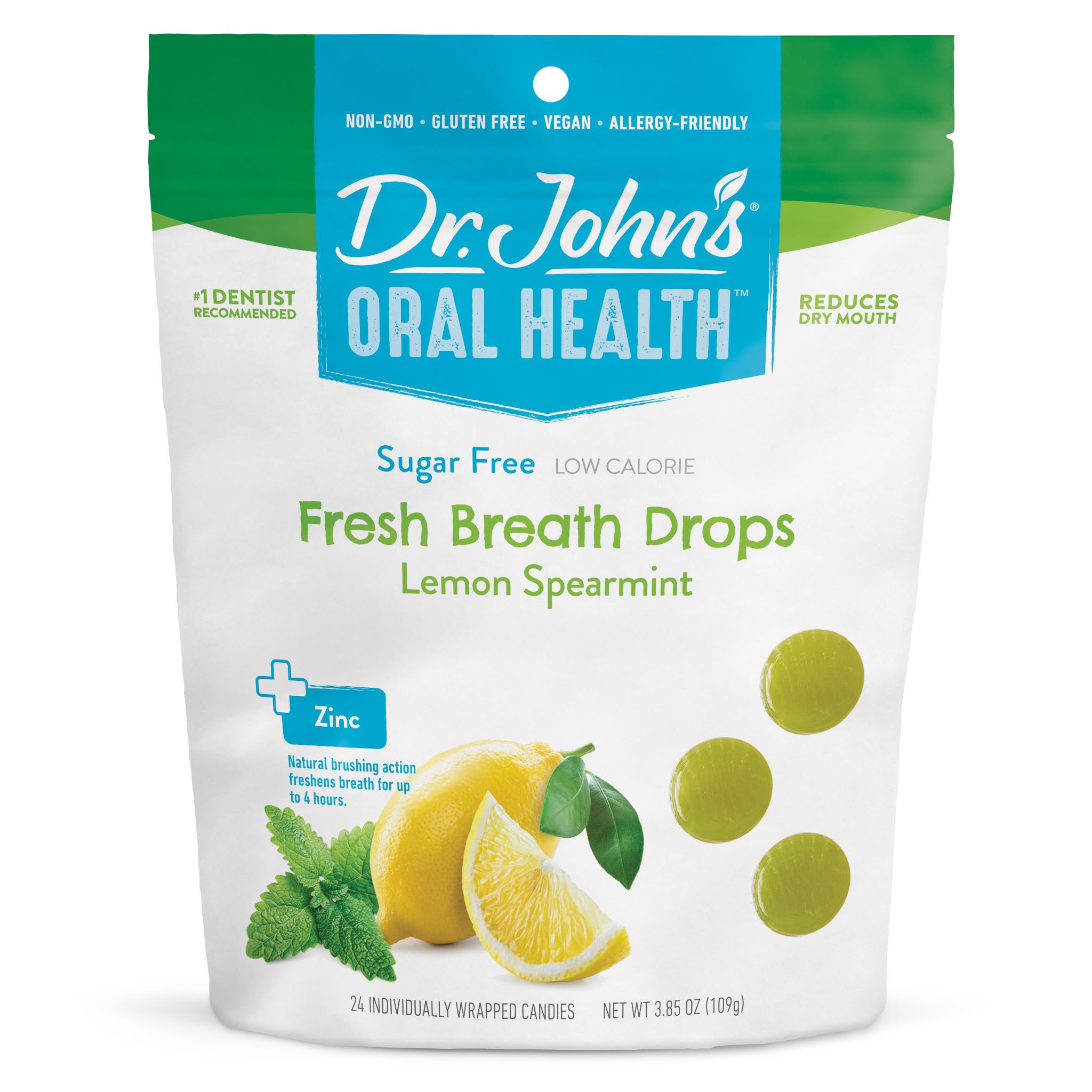 Dr. John's Healthy Sweets Fresh Breath Drops Lot de 24 gouttes d'haleine sans sucre, sans colorant, à base de plantes, compatibles avec le régime cétogène, sac de 109,1 g