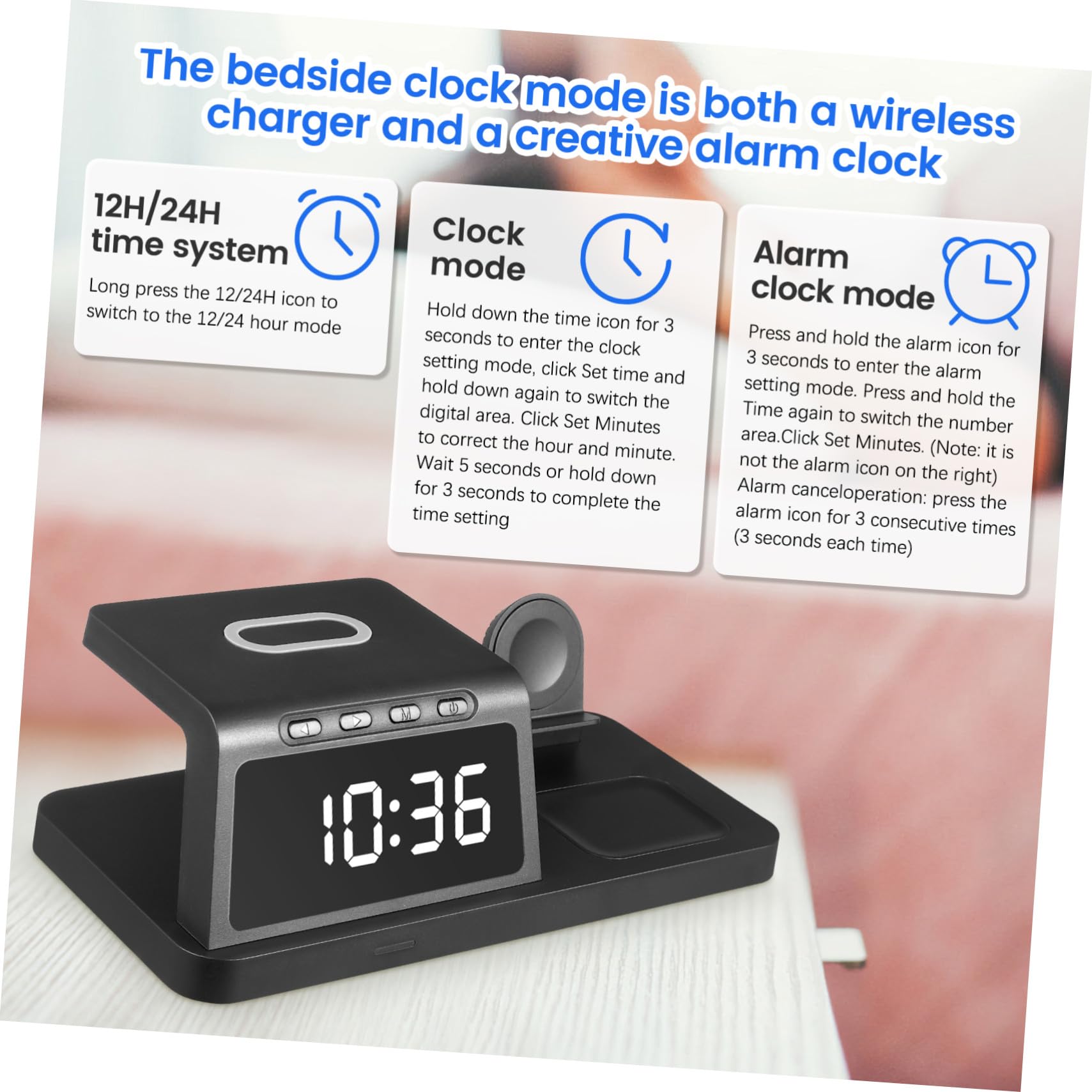 Station de Charge sans Fil Rapide avec Horloge Digitale Support Compatible Montre Connectée et Écouteurs Design Multifonction pour Bureau Organisé