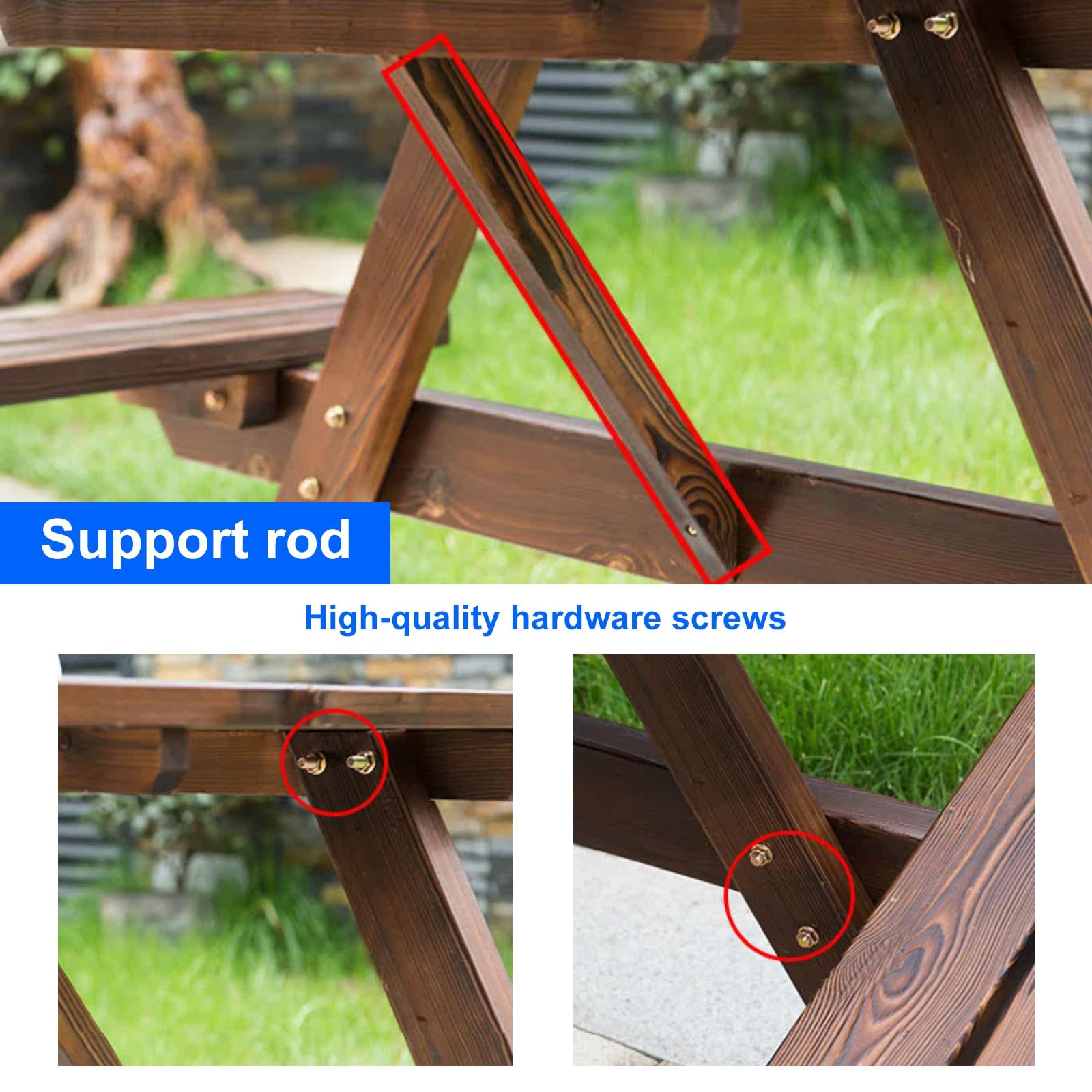 Tavolo da picnic in legno per 4-6 persone con panche integrate, set in legno massello carbonizzato, tavolo da giardino resistente agli agenti atmosferici, giardino e prato