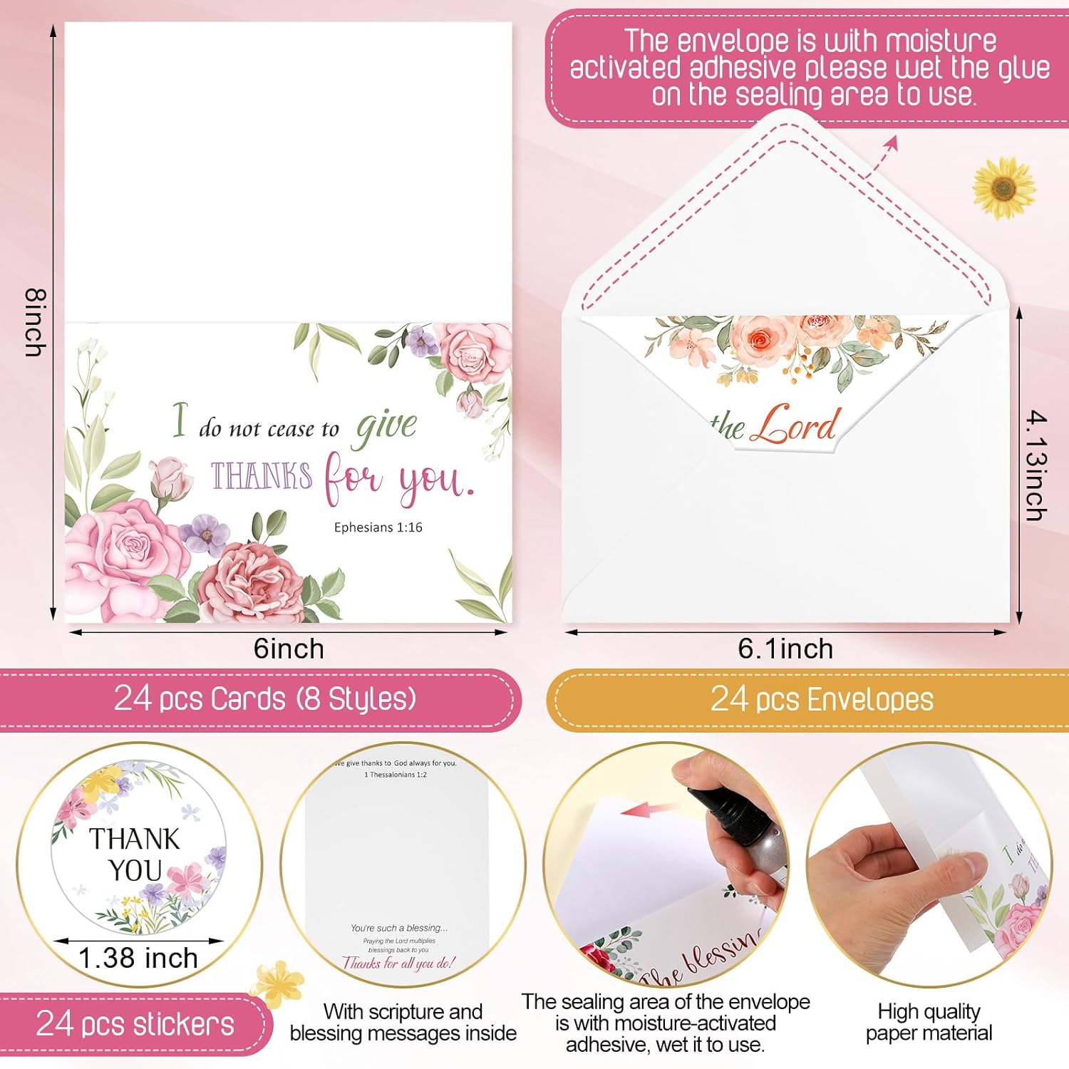 24 Pack Religious Thank You Card for Minister Christian Ministry Appreciation Greeting Card with Scripture 24 Envelopes Stickers for Pastor Church Volunteers Baptism(Flower) - Image 2