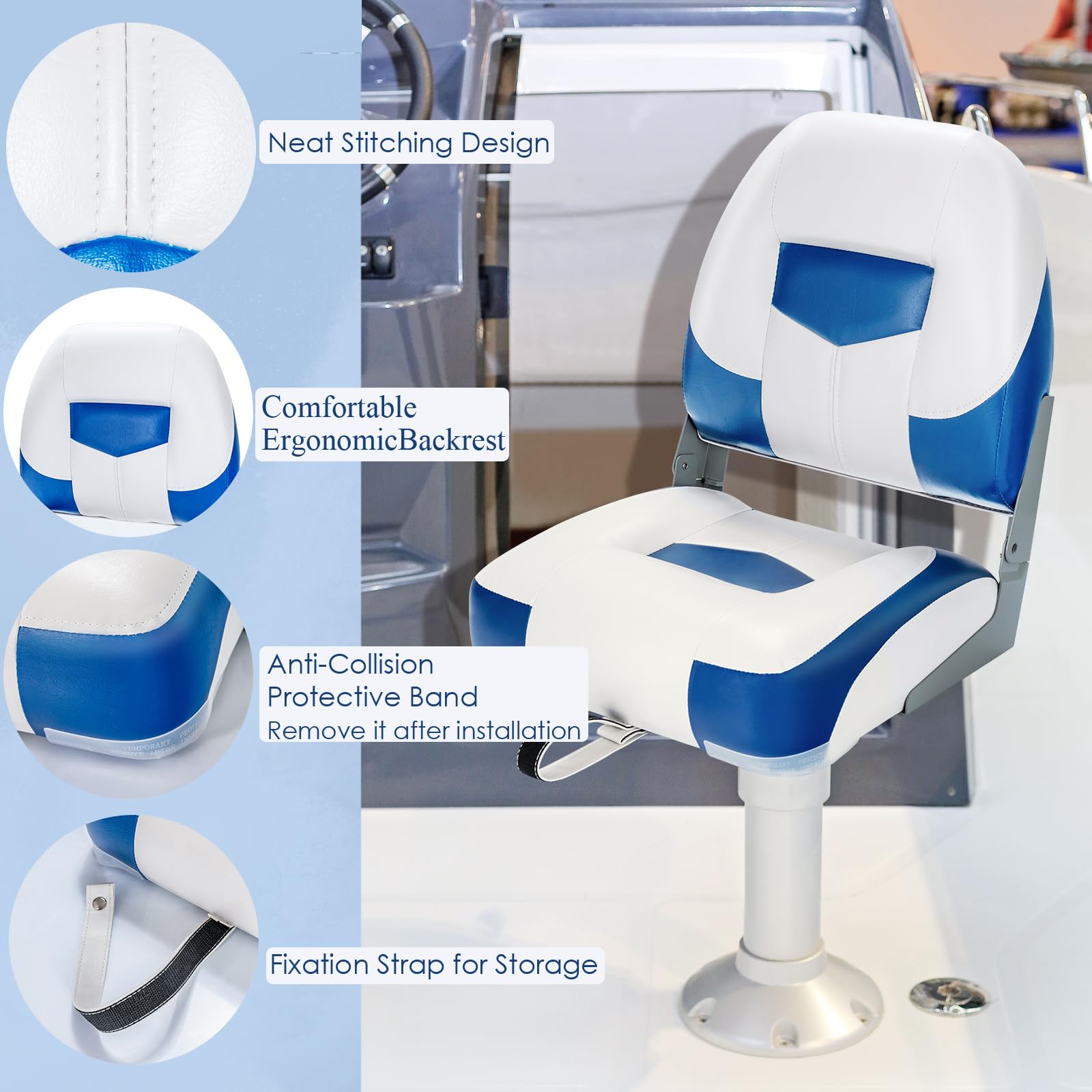 KOMFOTTEU 2 Asientos Plegables para Barco, Sillas Acolchada con Espuma Espesa, Asiento de Yate Ergonómico con Respaldo Alto, Carga de 100 kg, 50 x 52 x 42 cm (Azul)