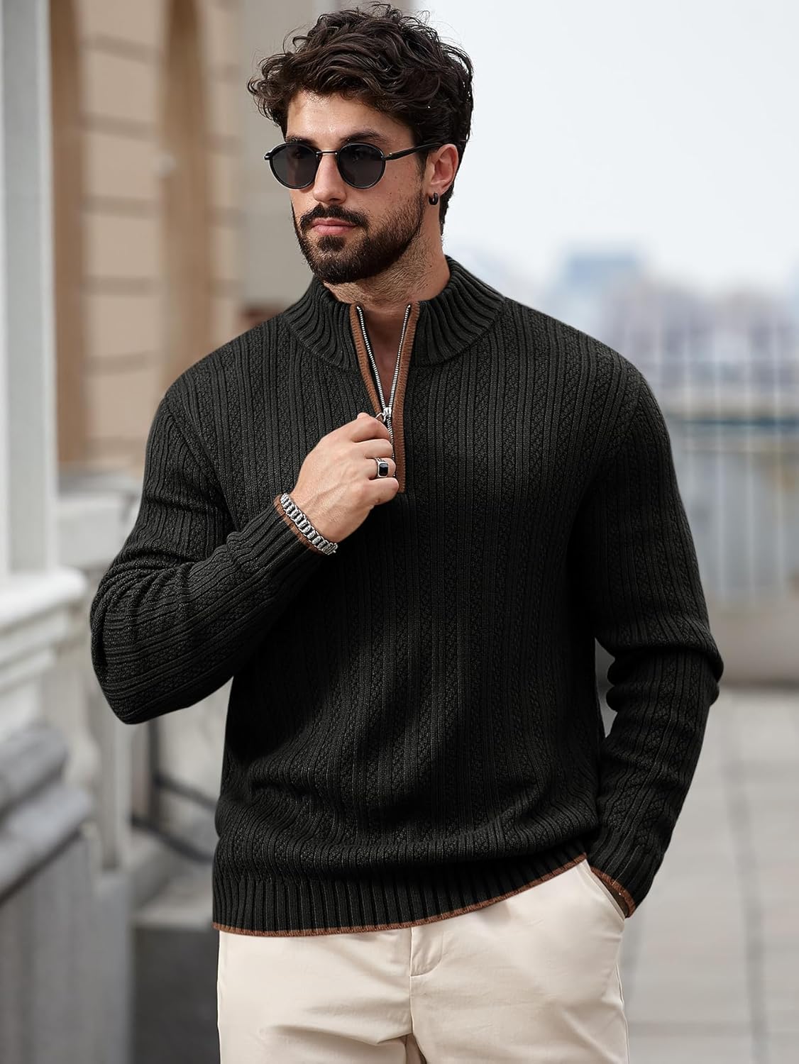 Runcati Mens Quarter-Zip Pullover Sweater Casual Mock Neck Knitted Winter Warm Ribbed Polo Sweaters - Image 2