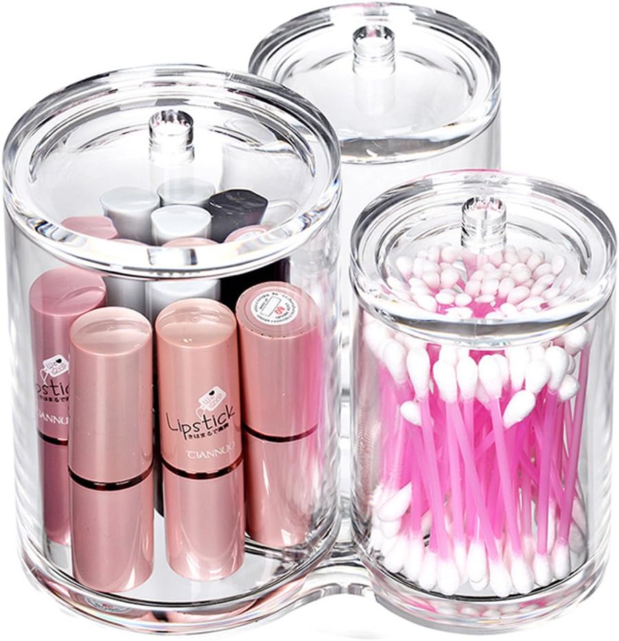 Bekith 3pc Premium Quality Acrylic Clear Plastic Apothecary Jar, Cotton Swab Ball Pad Holder, Qtip Jar Clear Makeup Organizer, Bathroom Containers Dispenser