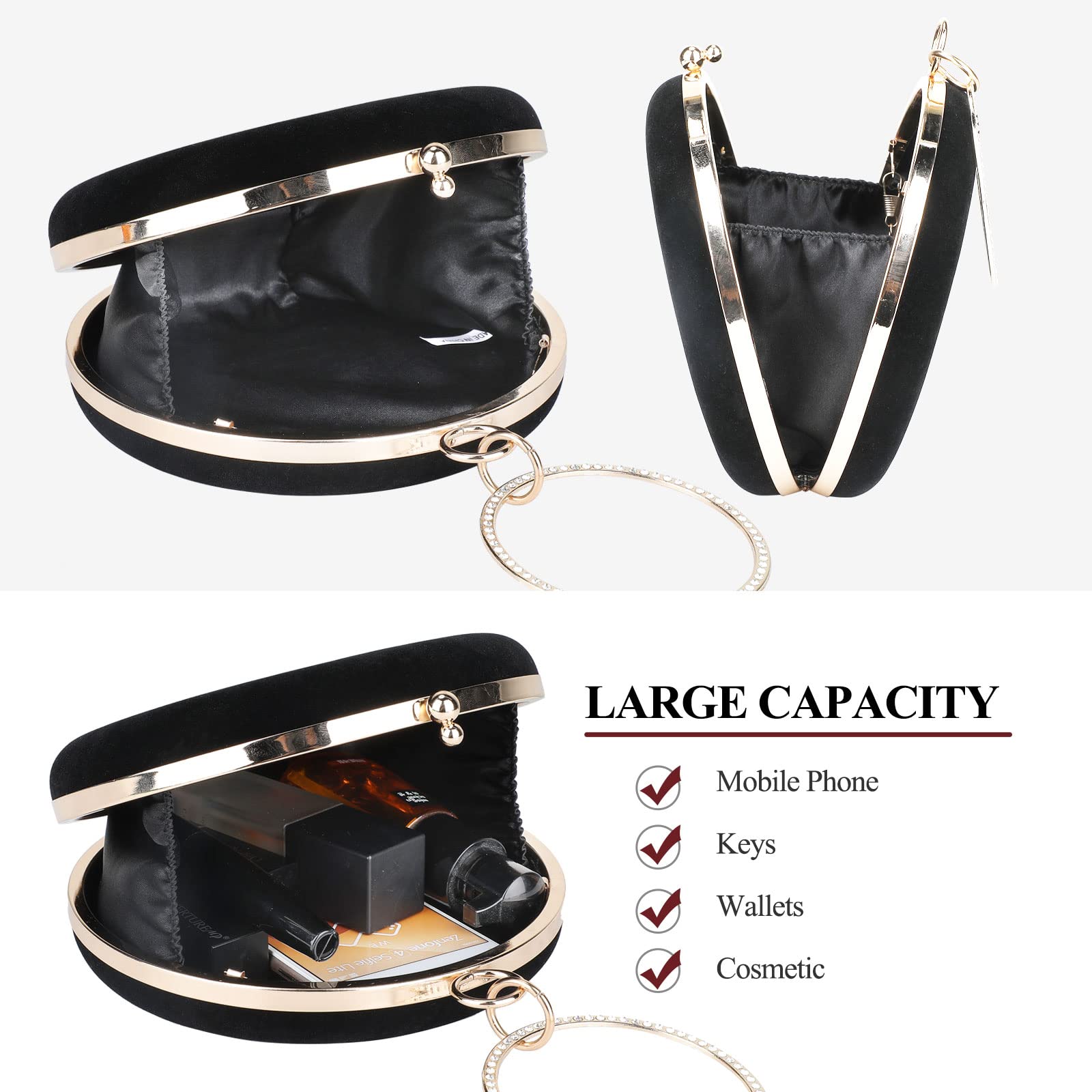 Selighting Elegante rotondo velluto frizione borse da sera per le donne formali da sposa frizione borsa da sposa promenade cocktail party borse, nero