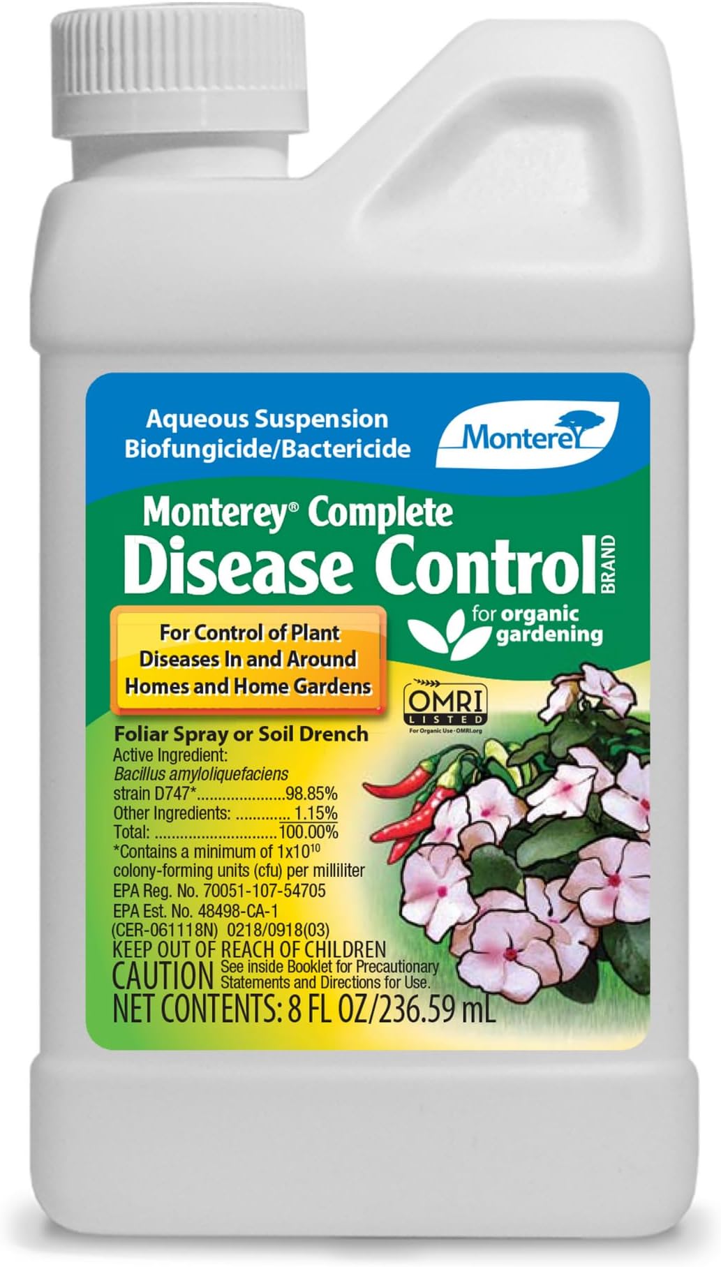Monterey Complete Disease Control for Downy Mildew, Powdery Mildew, Pythium, Early and Late Blight, Organic Gardening OMRI Listed - 8oz