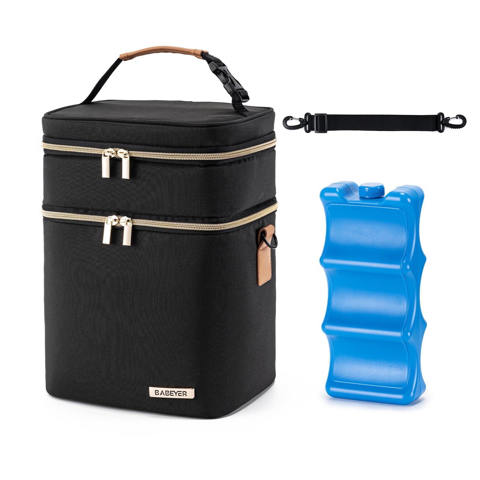 Muttermilch-Kühltasche mit Eisbeutel für 6 Babyflaschen bis zu 9 Unzen, auslaufsichere Doppelstock-Babyflaschen-Tasche mit Schulterriemen für stillende und arbeitende Mütter, schwarz