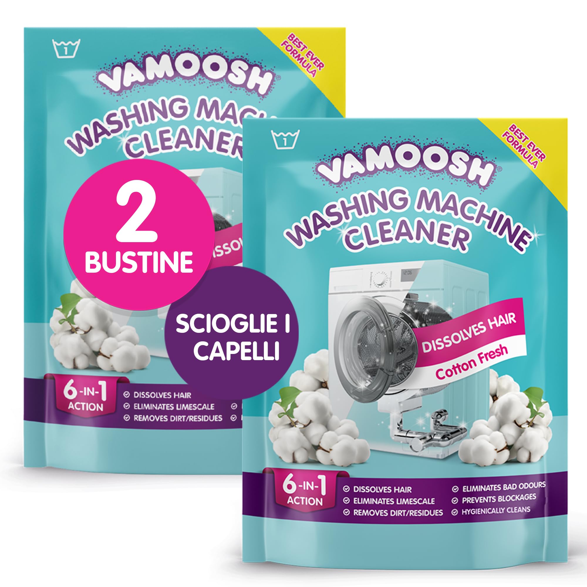 Vamoosh Pulitore Lavatrice 6 in 1, profumo cotone fresco. Scioglie peli, elimina odori e calcare, pulisce in profondità, lascia profumo fresco, antibatterico, disincrosta, 2 lavaggi