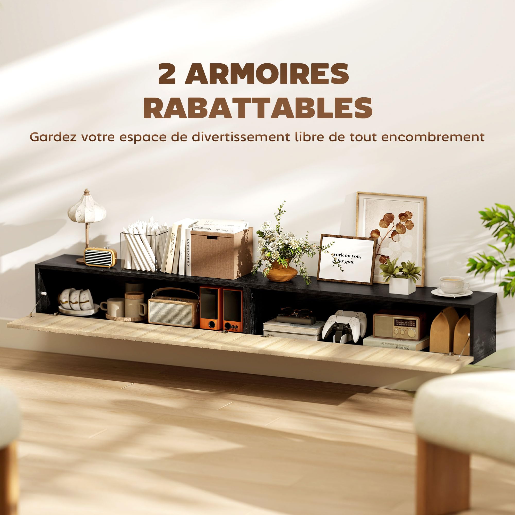 HOMCOM Meuble TV Suspendu Flottant 140 cm, Meuble télé pour téléviseur jusqu'à 72 Pouces avec 2 Portes cannelées rabattables, Banc TV Mural pour Salon, Chambre à Coucher, Bois Naturel et Noir
