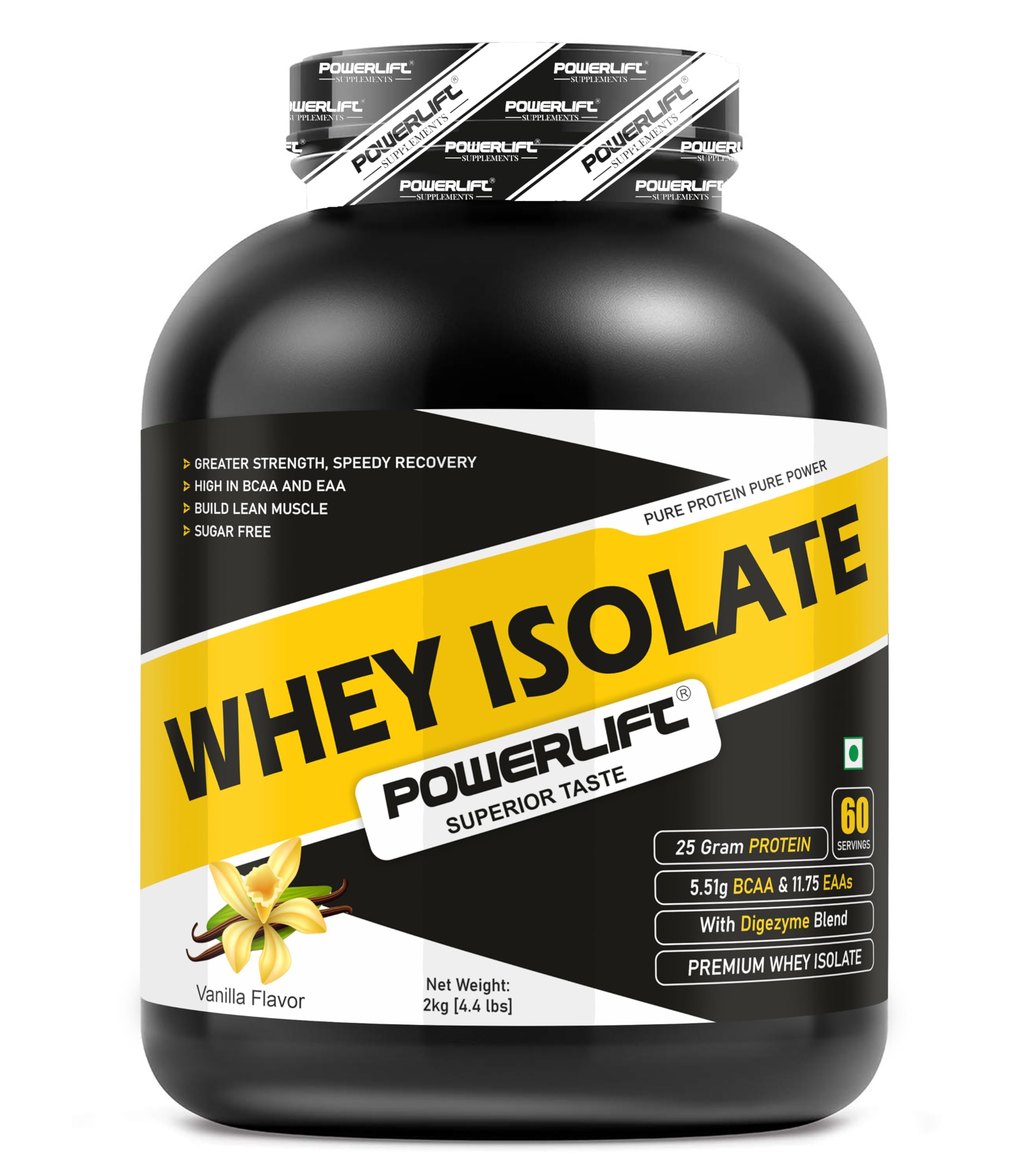 PowerLift Whey Isolate Sugar Free [2kg Vanilla, 4.4lbs], 25G protein, 5.5G BCAA, Raw Whey From USA | with Digezyme blend | easy Mixability & Builds Lean Muscle, whey protein isolate, Gold Whey(60 servings)