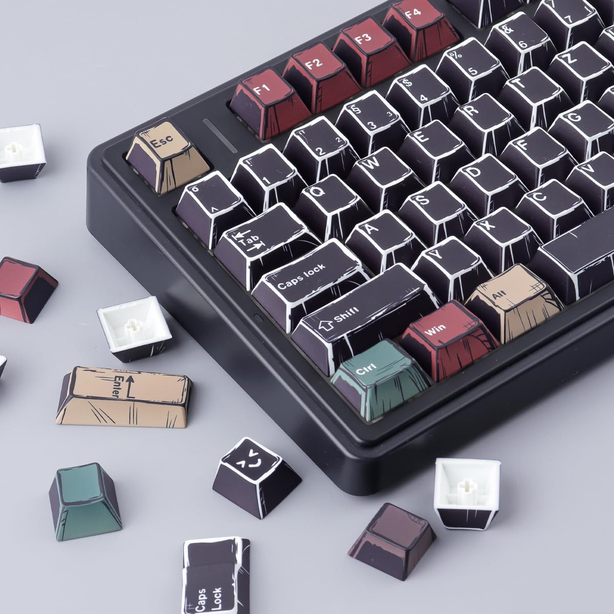 PBT ISO Keycaps 132 Keys Japanese Manga Keycaps, Manga Mixed Light Black Cherry Profile Dye Sub Custom Keycap for Cherry MX Switch German QWERTZ Layout Meccanical Keyboards