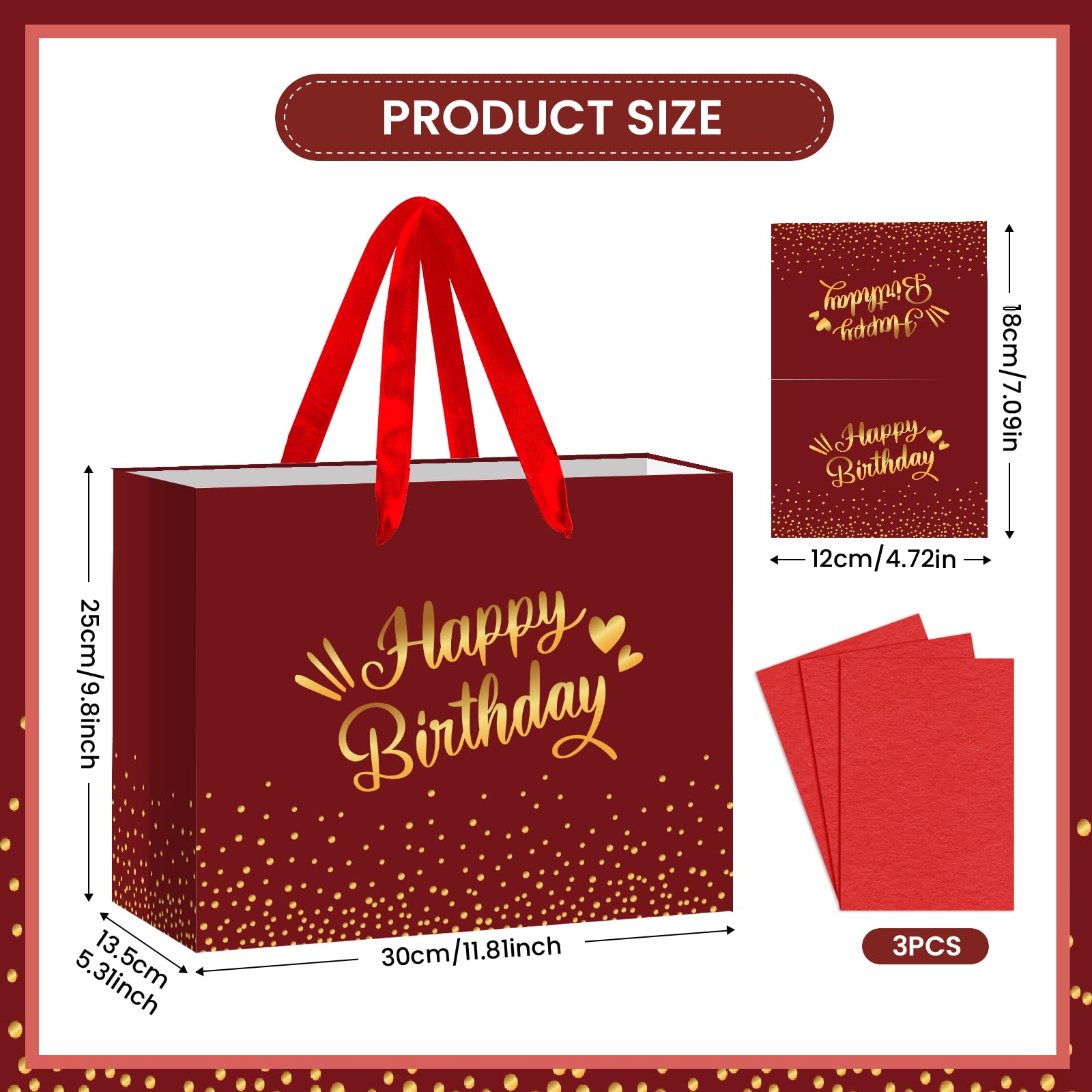 Burgundy Birthday Gift Bag with Tissue Paper Card Large Red Gold Foil Happy Wrapping Paper Bag Elegant Present Bags for Adult Women Men Mum Dad Milestone Birthday Supplies Premium Party Favors Decor