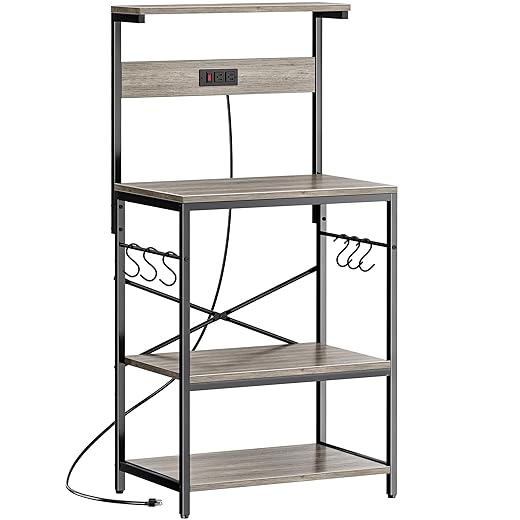 SUPERJARE Kitchen Bakers Rack with Power Outlet, Coffee Bar Table 4 Tiers, Kitchen Microwave Stand with 6 S-Shaped Hooks, Kitchen Storage Shelf Rack for Spices, Pots and Pans - Greige