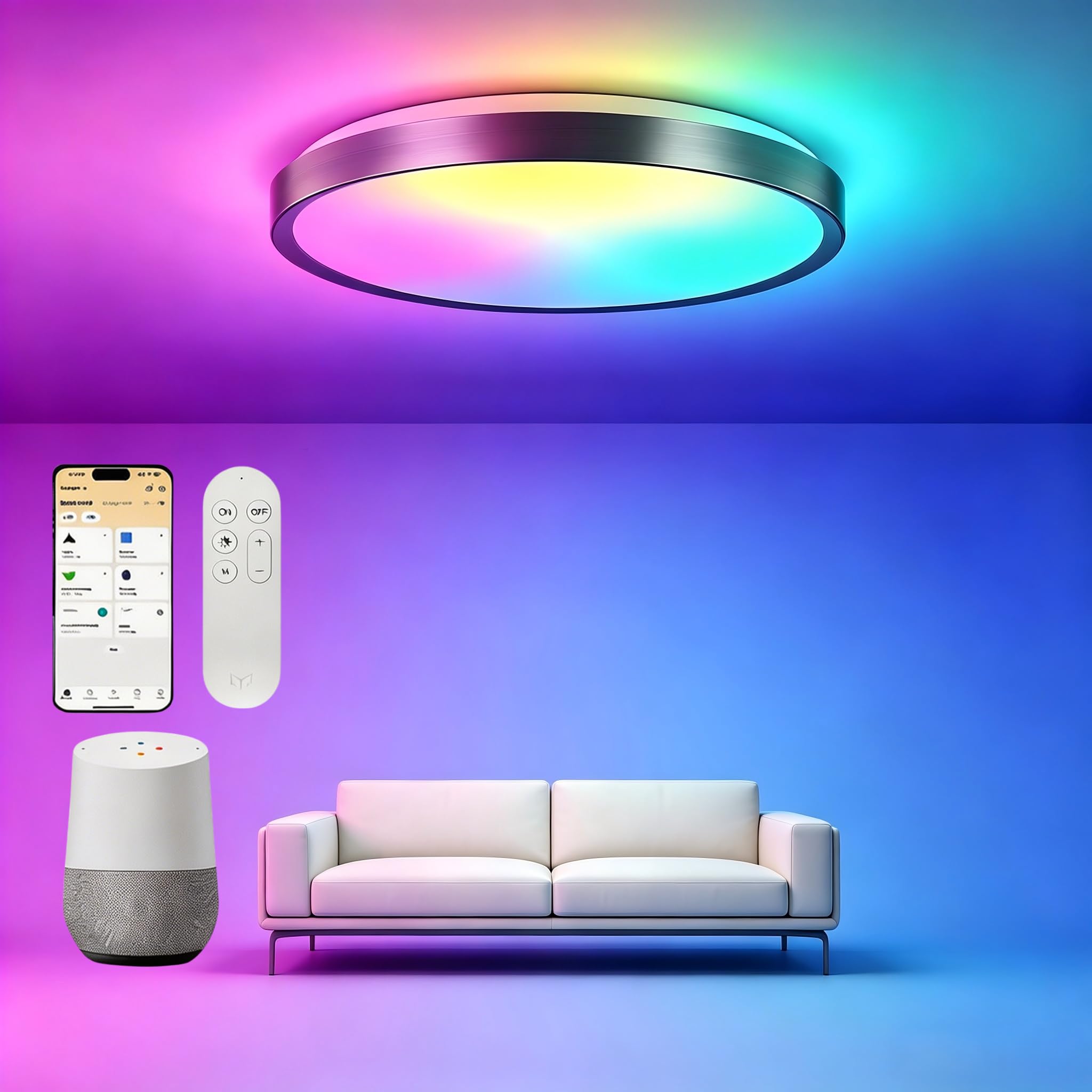 Yeelight Smart Ceiling Light, LED Ceiling Light, RGB Office Ceiling Lights, 60 W, 3800 Lumen, 2700-6500 K, Dimmable Lamp, DIY Compatible with Alexa, for Living Room, Bedroom, Kitchen, Hallway, 60 CM
