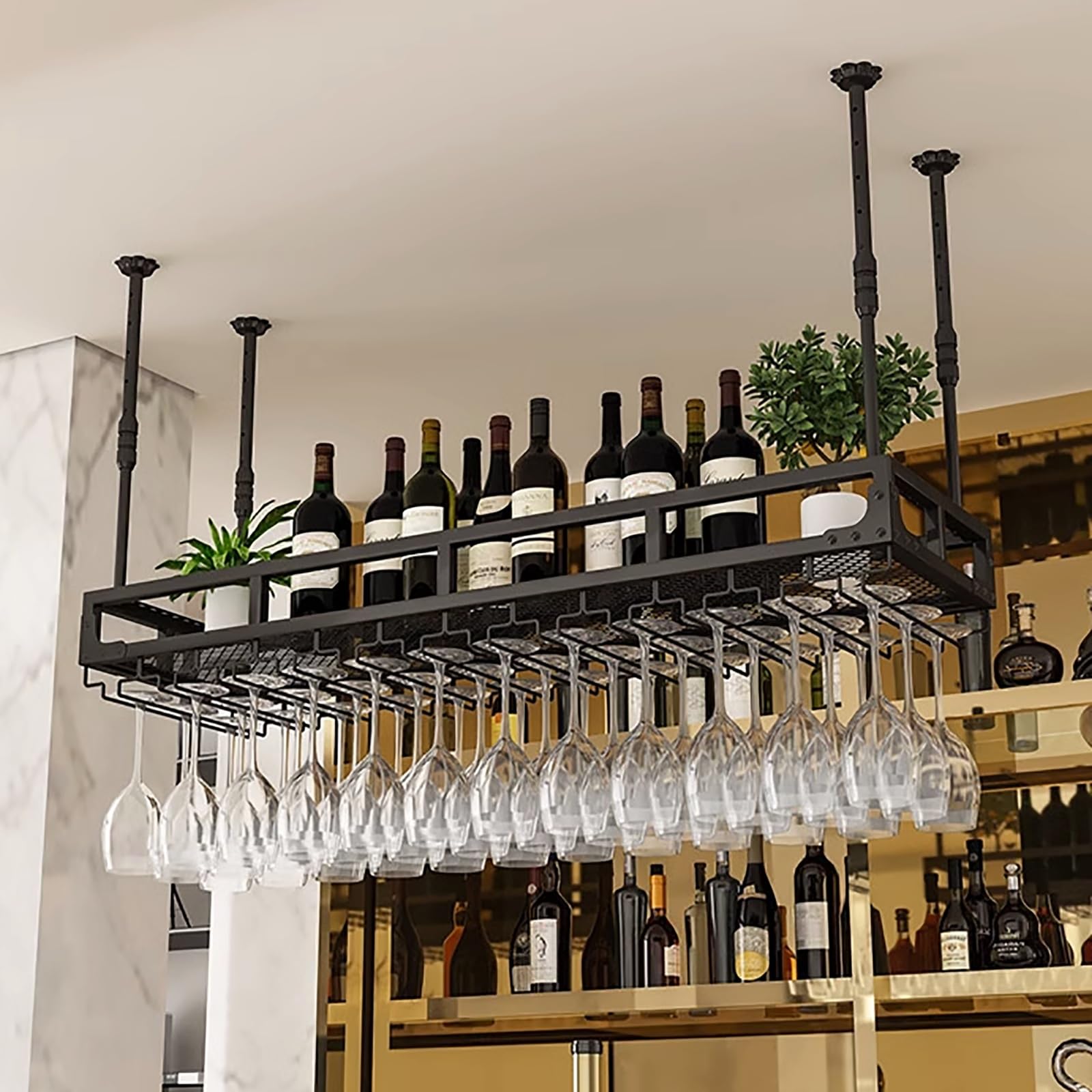 Étagère à vin noire suspendue en fer de 80 cm pour verres et bouteilles