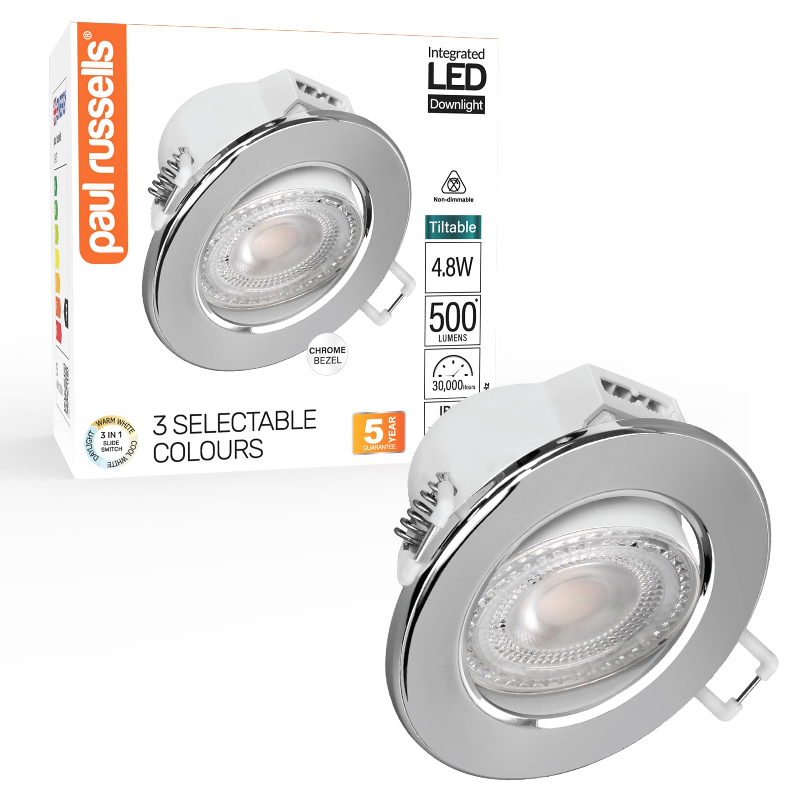 Paul Russells Chrome Led Recessed Tilt Downlight, 4.8W 500Lm, Warm/Cool/Day White 3 Adjustable Cct, Ip44, Round (Not Dimmable) Spotlight For Kitchen, Living & Bathroom Ceiling Lights, 1 Pack (Chrome)