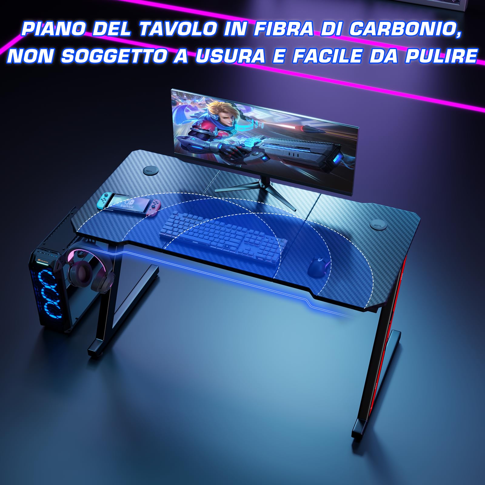 Homall 120 x 60 cm Scrivania Gaming Ergonomica, Tavolo con Piano del Tavolo in Fibra di Carbonio, Tavolo Gaming con Ganci per Cuffie, Nero