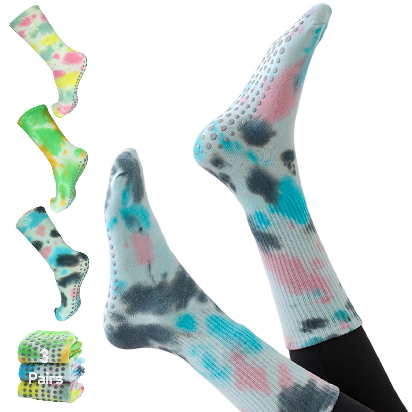 Dexspoeny 3 Pack Pure Cotton Grippy Socks, Non Slip Yoga Socks Womens, Pilates Socks with Grips, Non Skid Barre Socks for Women,Tie Dye Grip Socks Men