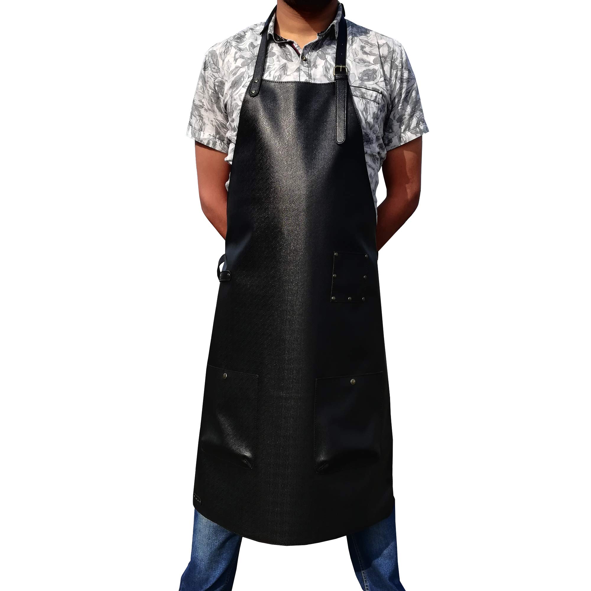 MANDAVA Vegan Leather Apron Bib Barista Baker Bartender BBQ Chef Barber Uniform (Black)