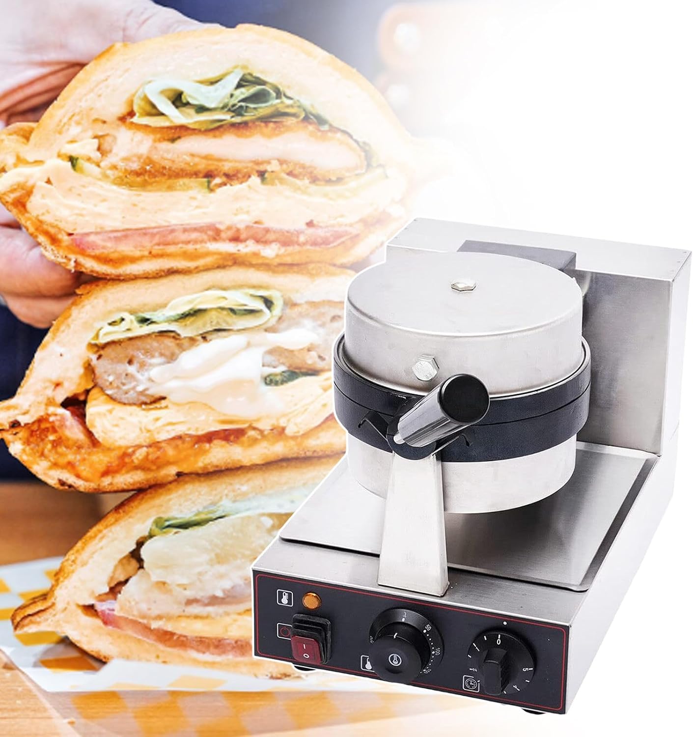 Electric Hamburger panini Maker, Non-Stick and Swivel Function Waffle Maker, Stainless Steel Grill, Suitable for Commercial and Home use (A)