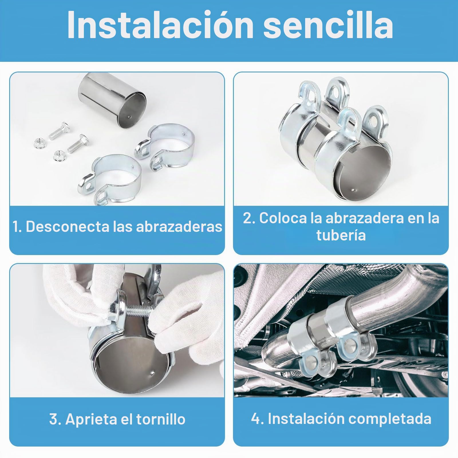 Abrazadera de Tubo de Escape Ø 60mm x 95mm, Abrazadera de Banda de Escape Acero Inoxidable Conector de Tubo de Escape, Abrazadera Universal con 2 Abrazaderas de Escape (Ø55mmx95mm)