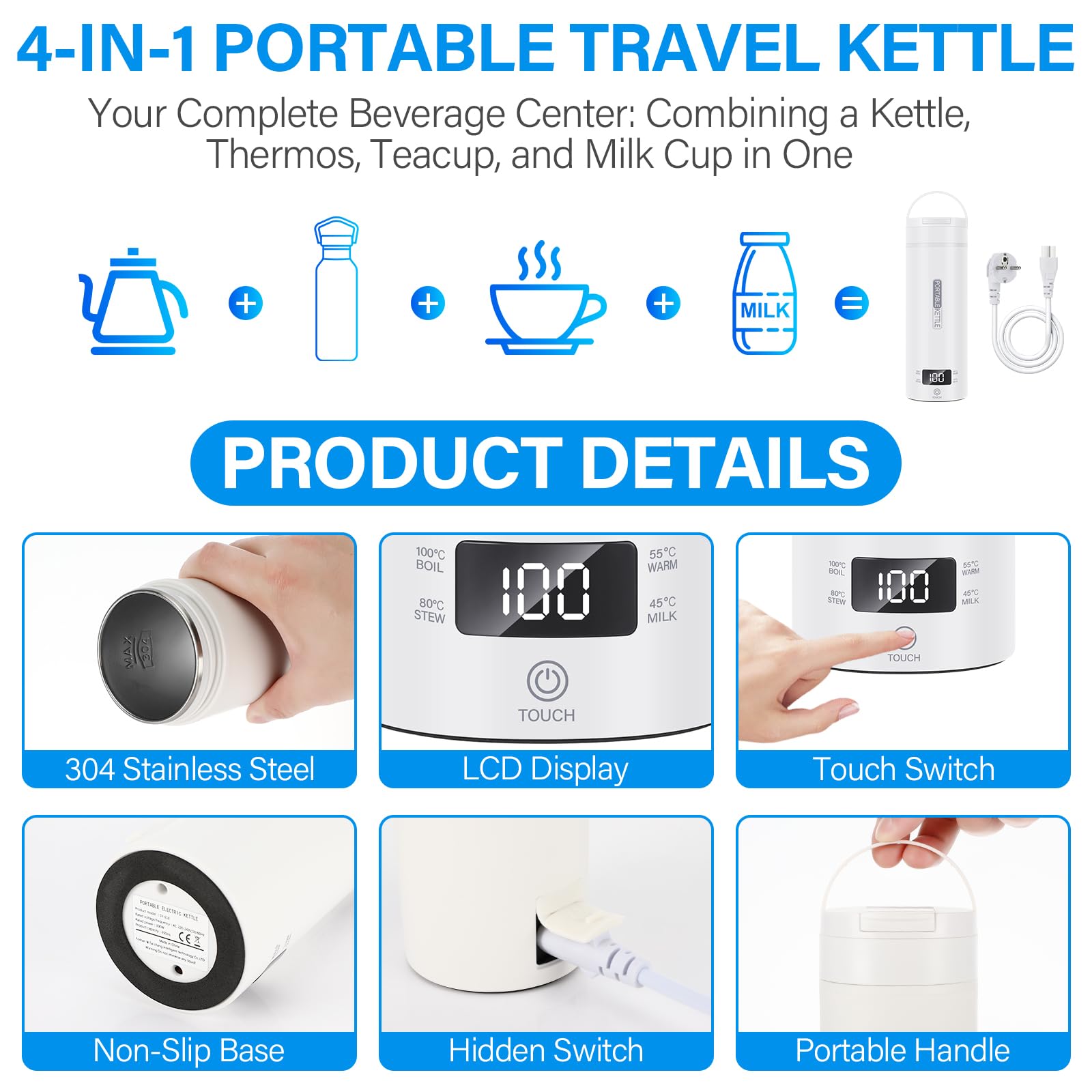 Bollitore Elettrico Da Viaggio 400 Ml In Acciaio Inox 304 | Mini Tazza Portatile Con 4 Temperature (45-100°C) E Spegnimento Automatico, Per Tè E Latte