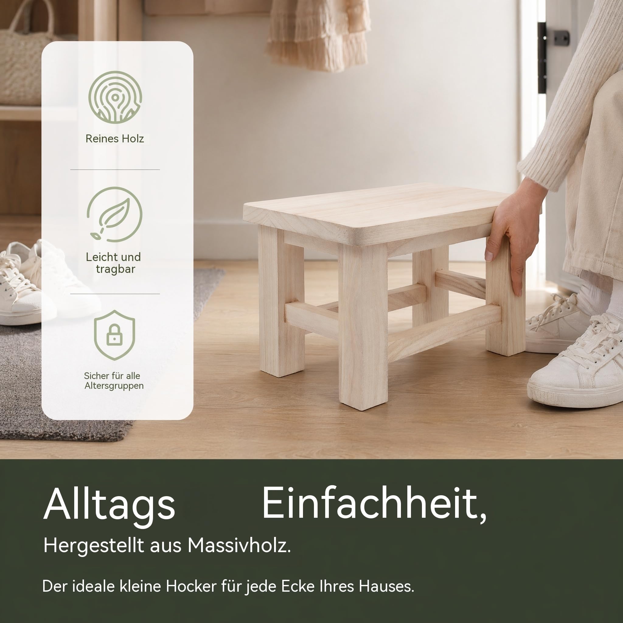 UKCOCO Holzhocker Massivholz 30×20×18 cm – Stabiler Tritthocker für Kinder & Erwachsene zum Händewaschen, Zähneputzen & Schuhwechsel – für Bad, Küche, Flur & als Blumenhocker | Für Bad & Küche, ideal für Kinder zum Zähneputzen, praktisch beim Schuhwechsel