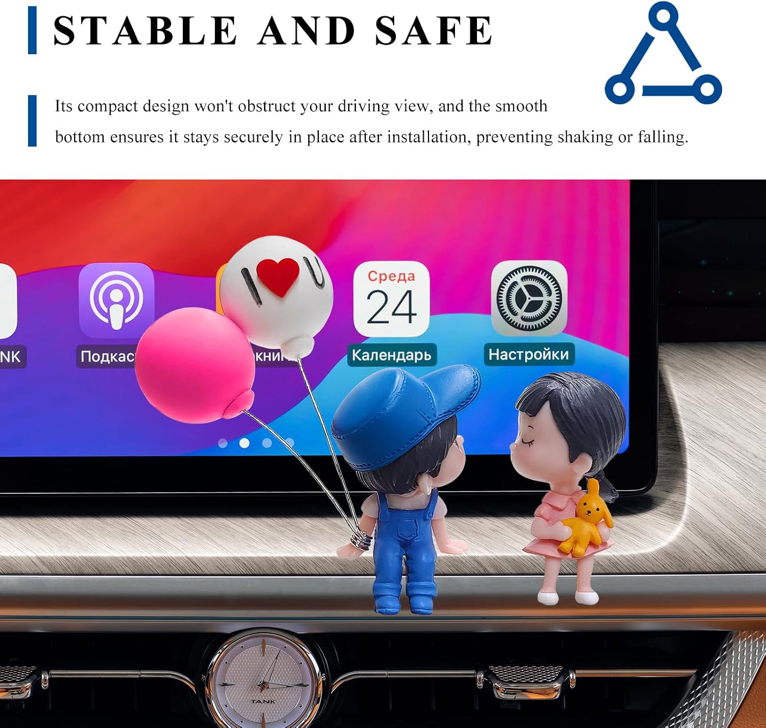 Cute Couple Car Dashboard Decorations, Adorable Car Ornament Lovely Cartoon Couples Action Figure with Balloons, Romantic Resin Ornament Vehicle Interior Decor for Most Vehicles (Blue+Pink) image 5