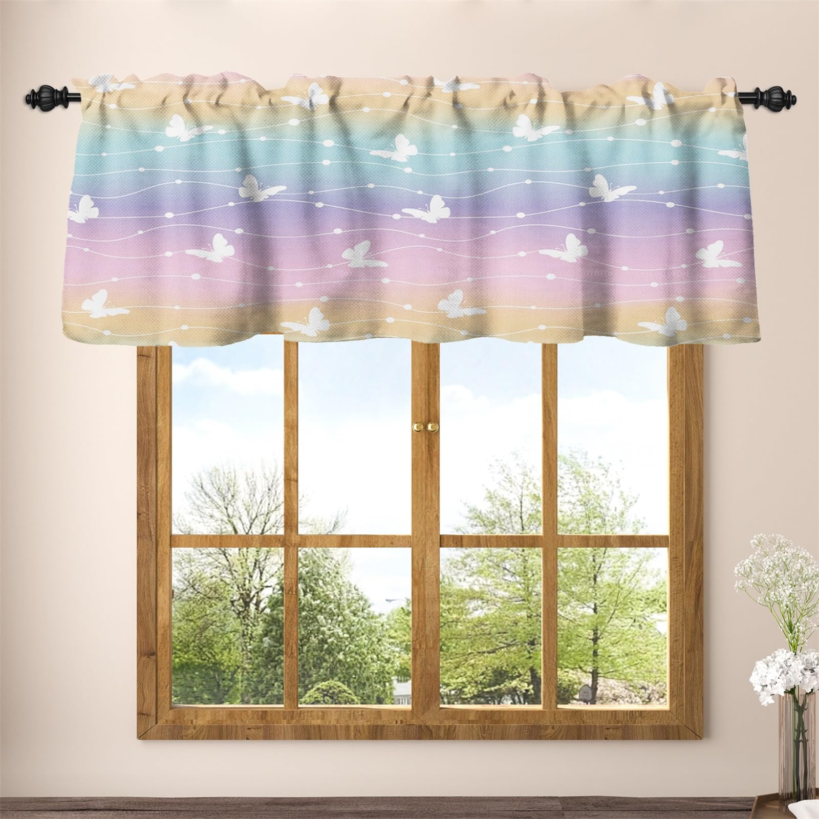 Rideau de fenêtre à rayures arc-en-ciel en lin filtrant avec passe-tringle
