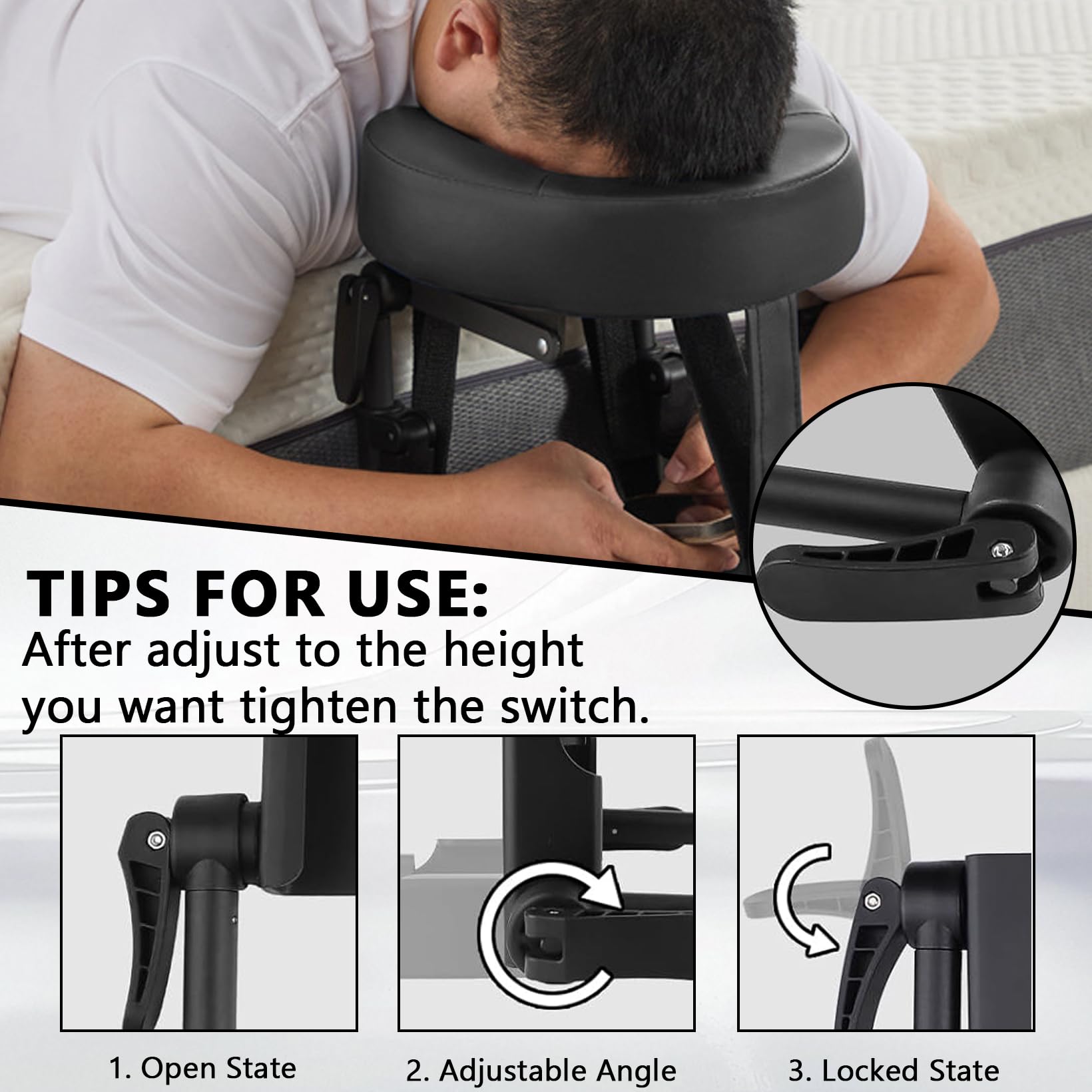 Reposacabezas de masaje para cama, reposacabezas ajustable 180°, con soporte para cojín facial, colchón de masaje con tabla para reposabrazos y bolsa de almacenamiento, para colchones de un
