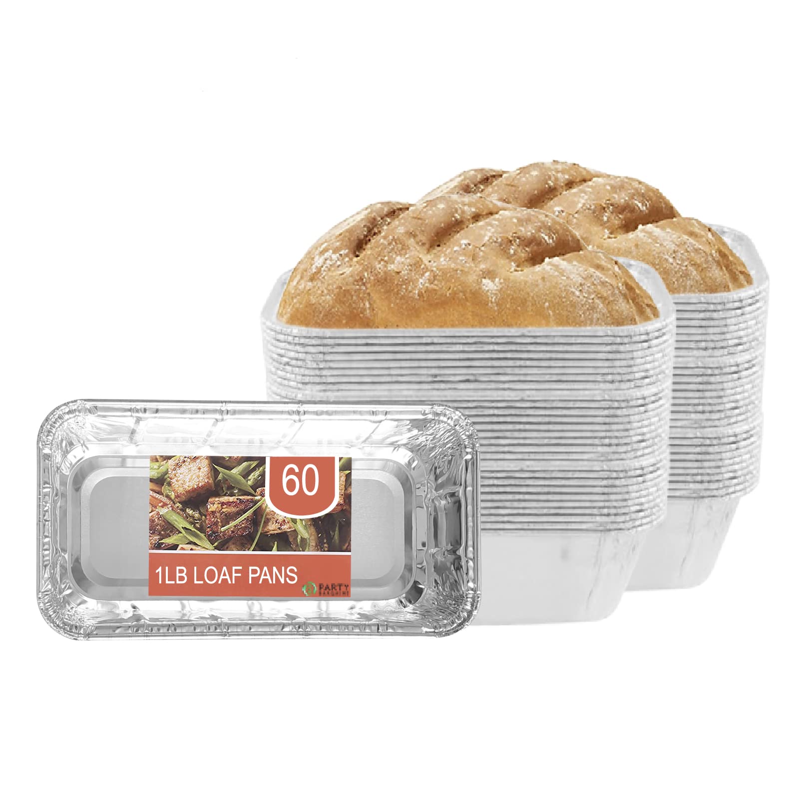 PARTY BARGAINS1 Lb Aluminum Loaf Pan - [60 Pack] Heavy Duty Disposable Bread Pans - Perfect for Baking Homemade Cakes, Lasagna, Meatloaf & Food Serving