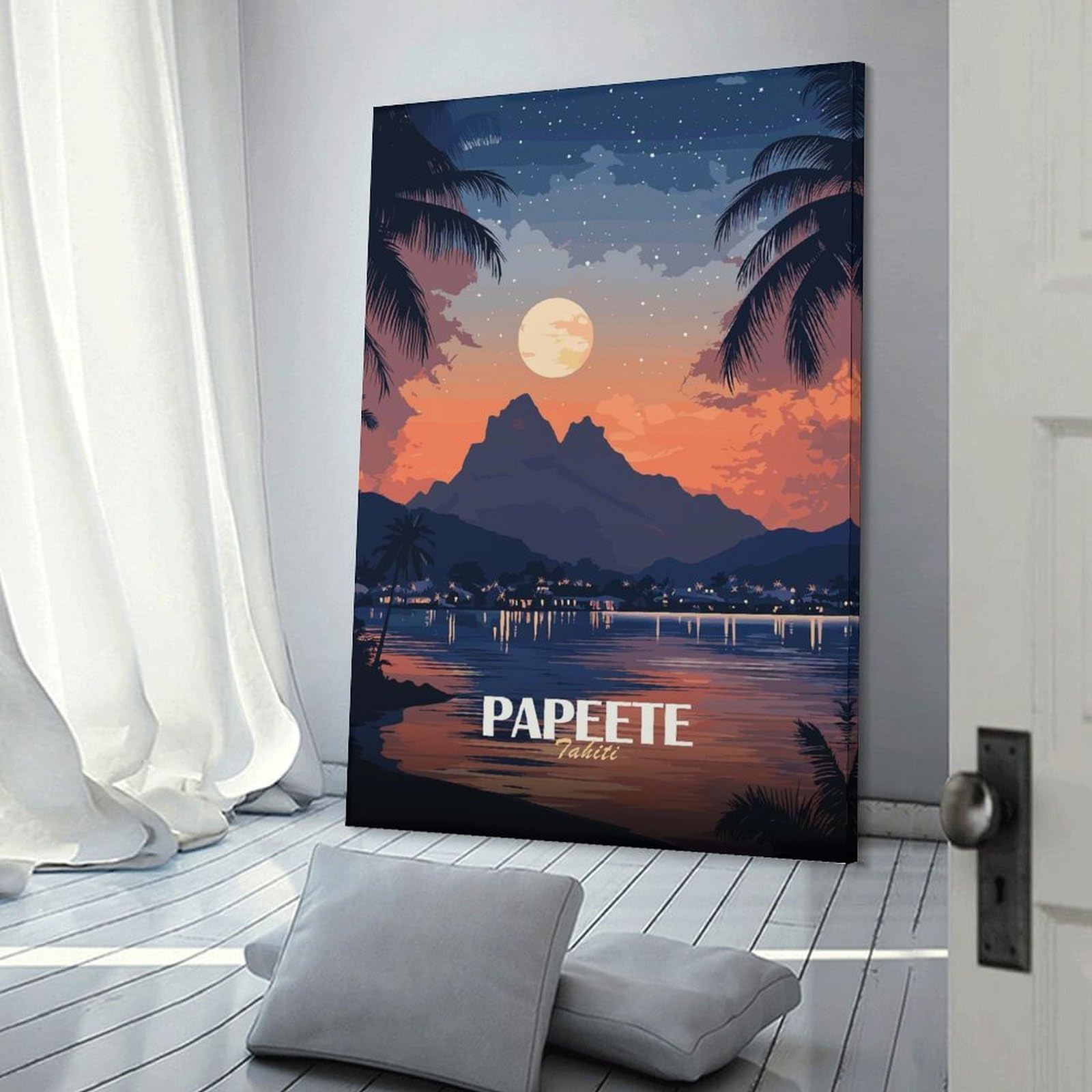 Junmoney Papeete Tahiti Night Landscape Canvas Wall Decor 08x12inch(20x30cm), for Home Lounge, Bedroom Or Reading Nook, A Home Accent with Warm Character