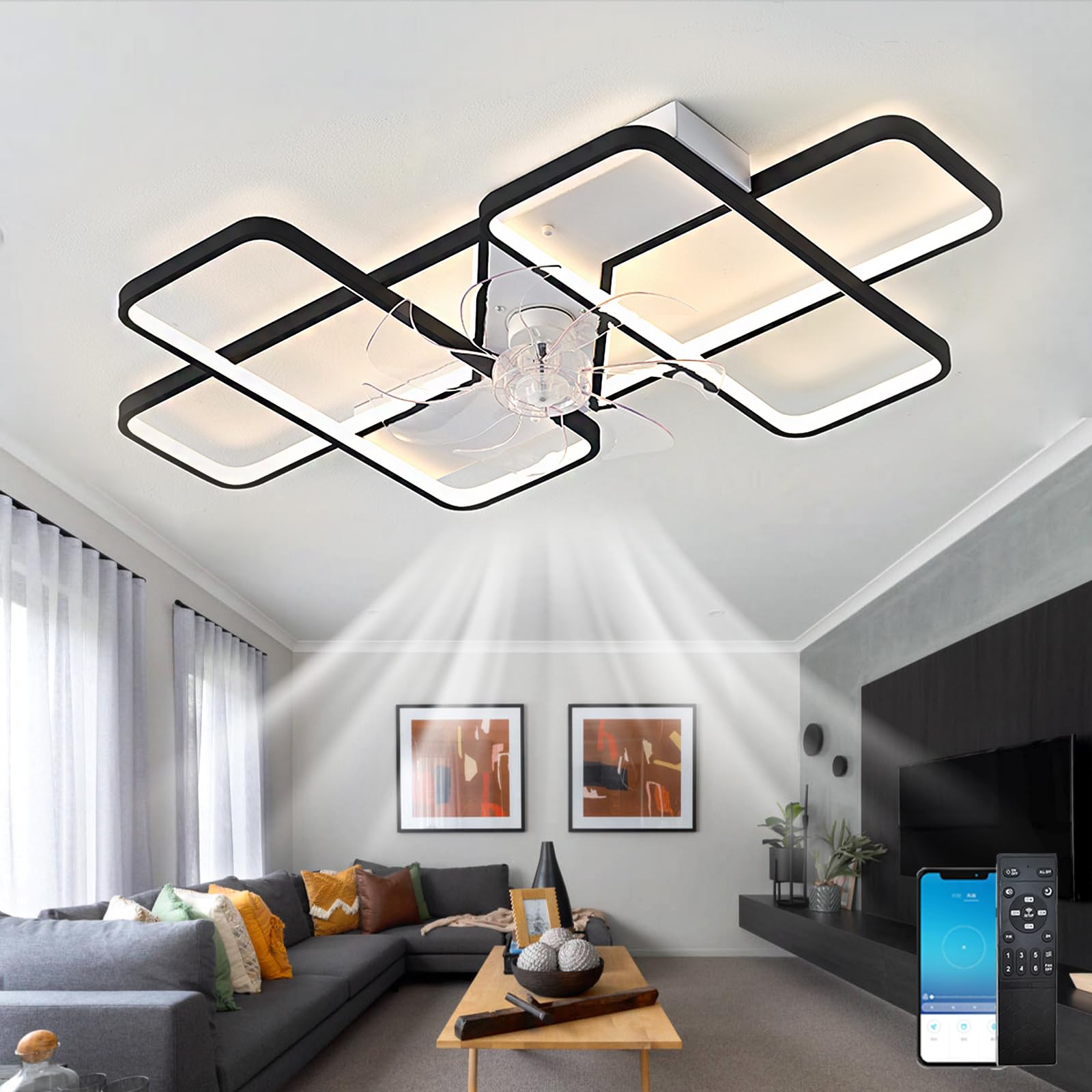 Fachae Creative Ceiling Fans with Lamps,6 Wind Speeds Reversible,Ceiling Fans with Lights and Remote,Led Dimmable Memory Function,Fan Lights Ceiling for Bedroom,Dc Motor Smart Black