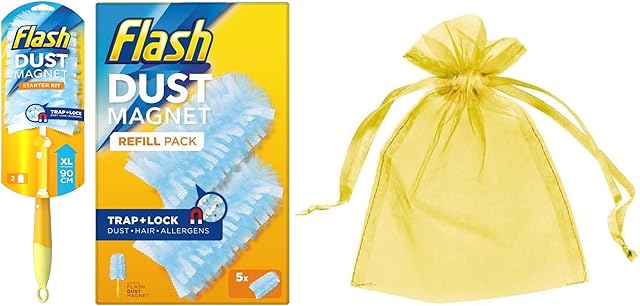 Flash Dust Magnet XL (Handle Extendable to 90cm), Duster Starter Kit Handle & Refills x 2 + Flash Dust Magnet Trap and Lock, Refill Pack, 5 Pieces + Our Gift for You: Organza Bag Size 9x7x0.1cm