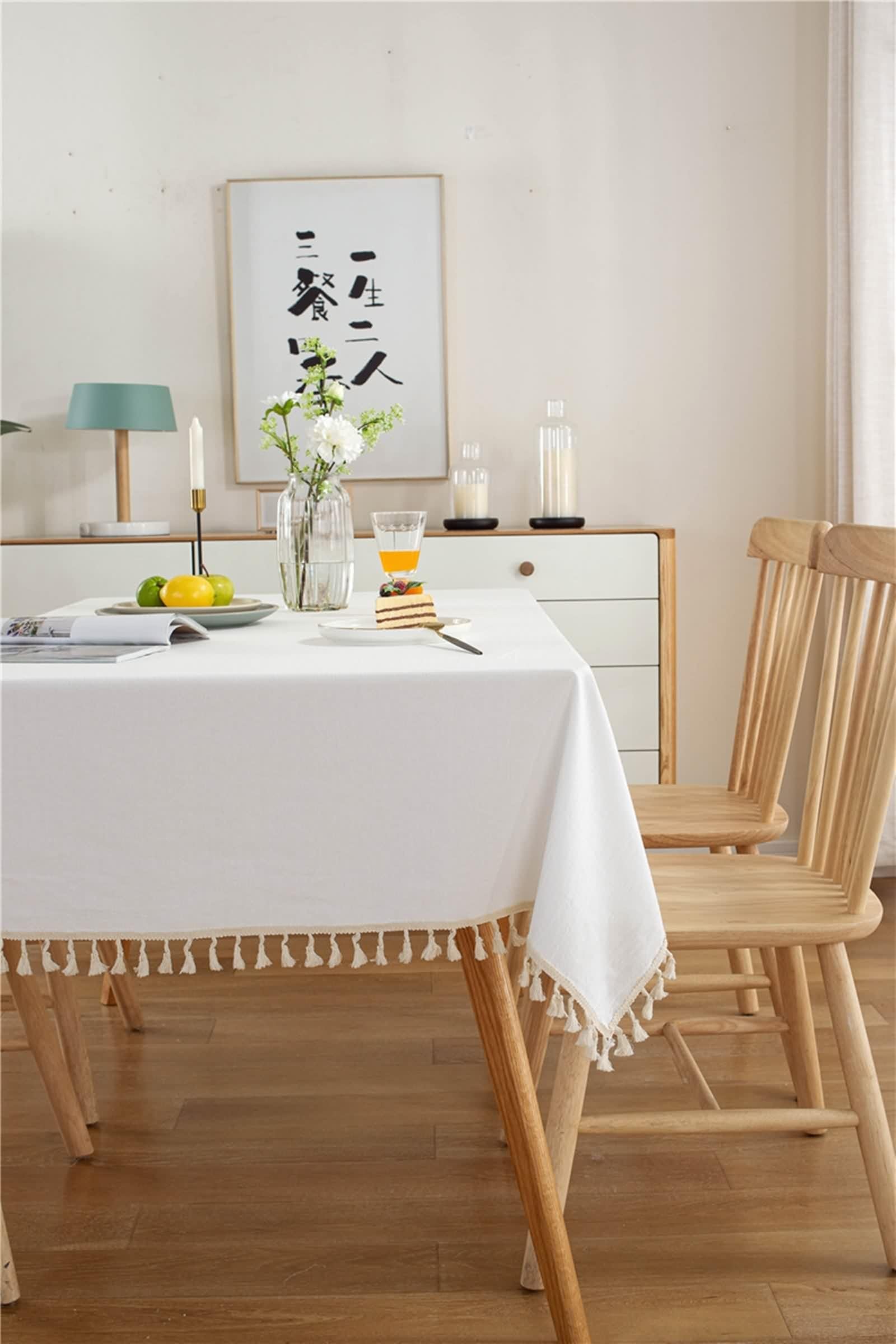 Table Cloth Decor, Tischtuch Weiß Baumwolle Einfarbig mit Quaste Table Cover 140X180CM für Küche Wohnzimmer Esszimmer