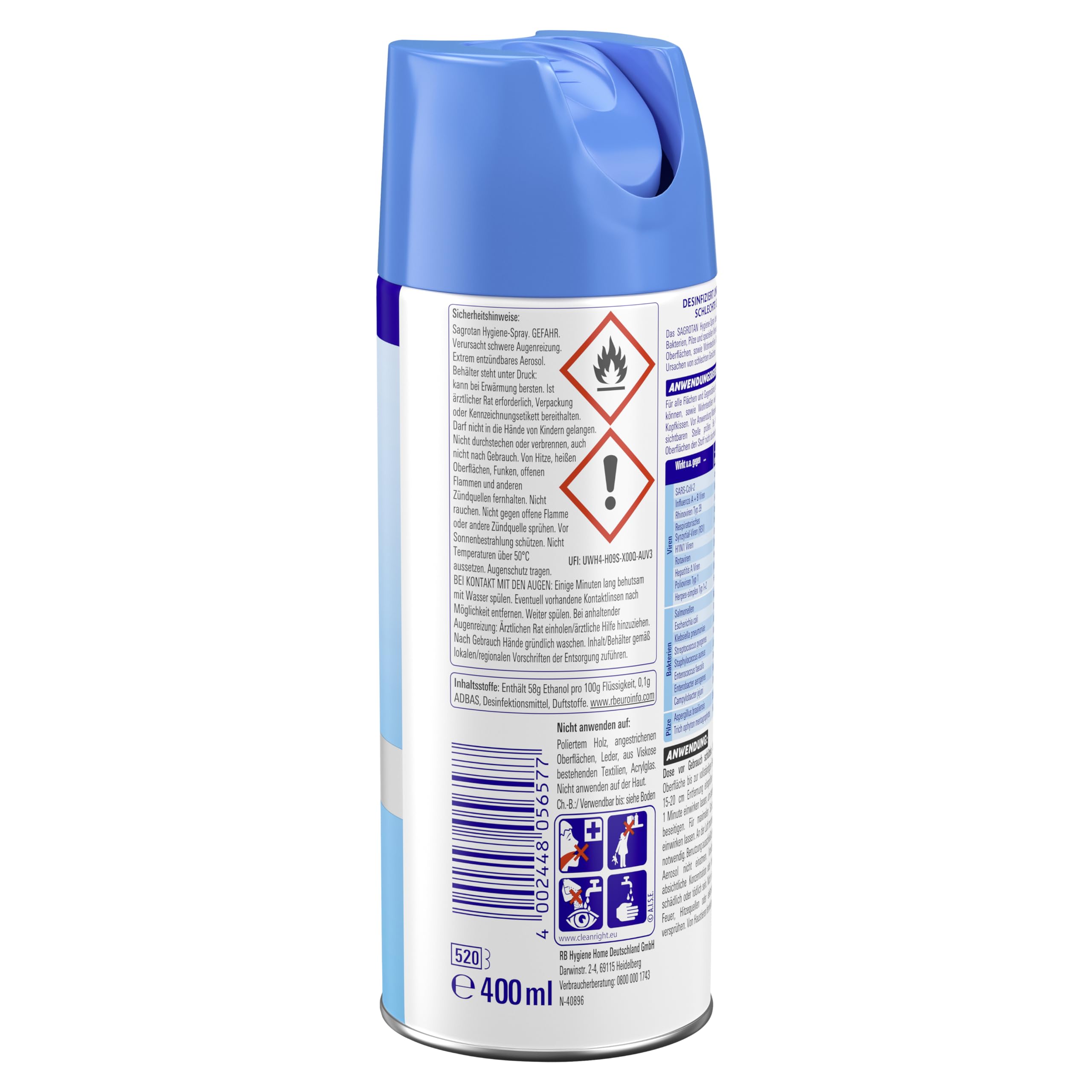Sagrotan Hygiene-Spray (Aerosol) Desinfektionsspray (für Textilien und Oberflächen im Haushalt, Sprühflasche im praktischen Vorteilspack) 6 x 400 ml & Sagrotan WC- und Bad- Reinigungstücher, 60 Tücher
