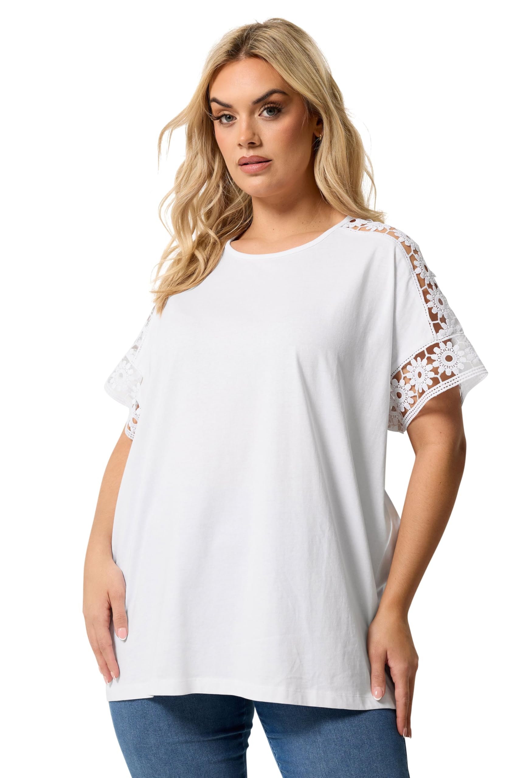 Yours Women's White Curve Crochet Sleeve Boxy T-Shirt - Plus Size Curve