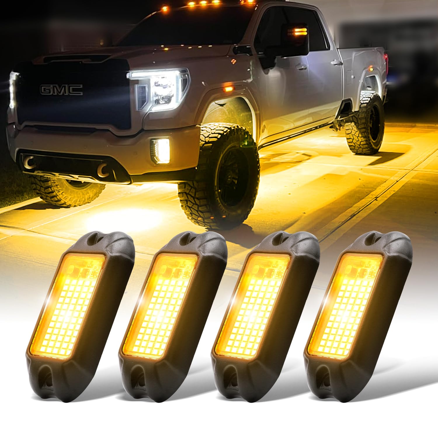 Nicoko 4Pods Pure Yellow 72 LEDs SMD Chips 72w High Power Rock Lights Super Bright Yellow Offroad Car Boat Underglow Lights IP68 Waterproof for Truck SUV UTV ATV RZR