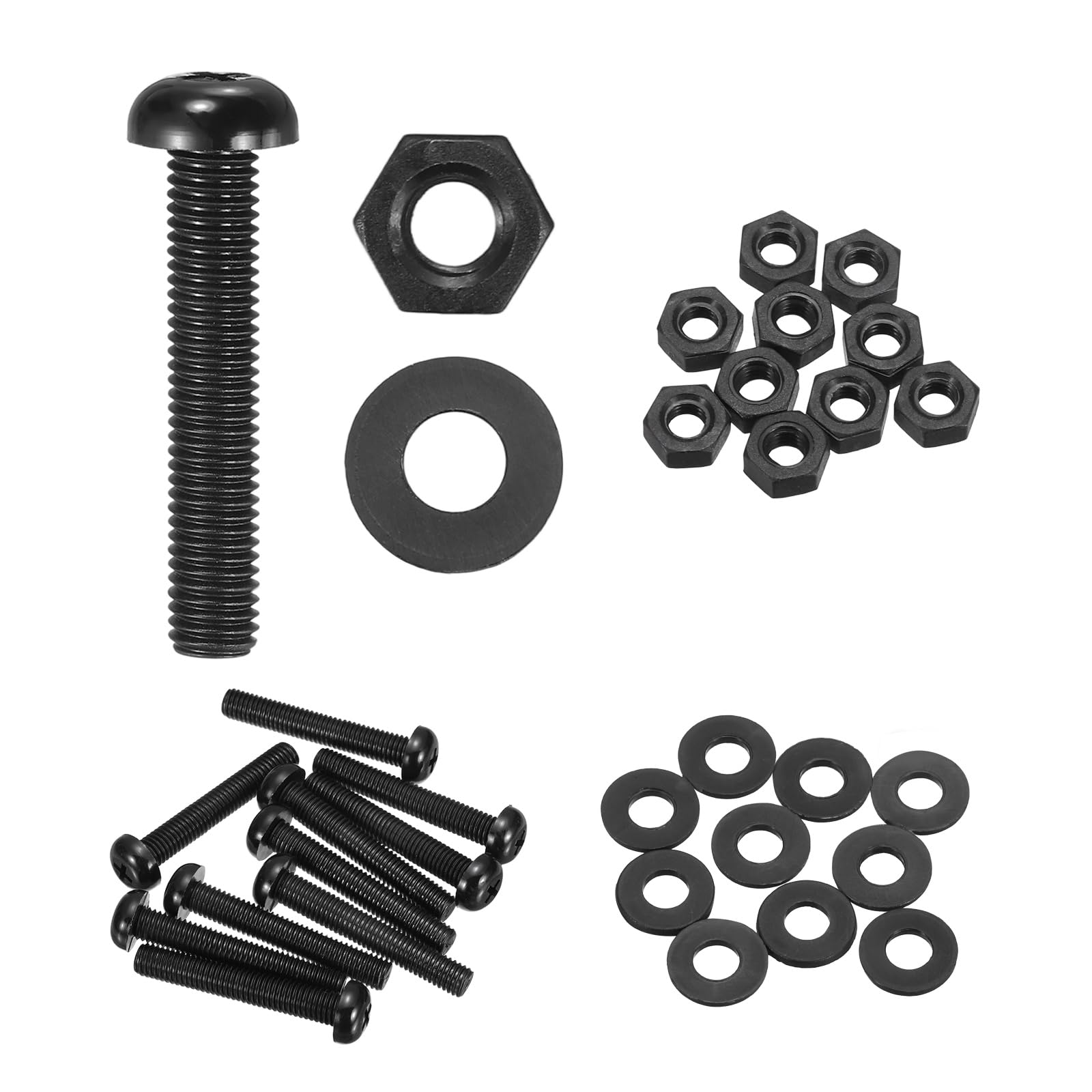 sourcing map 10 Set M8x50mm Nylon PA66 Plastic Cross Round Head Screw Phillips Bolts Hex Nuts Flat Washers Assortment Kit, Metric Full Thread Bolt Fasteners for DIY Machine Assembly, Black โ image 1