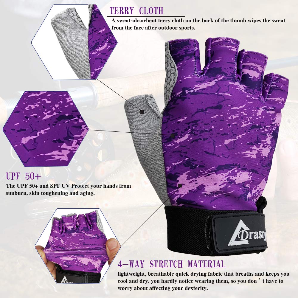 Drasry Gants de pêche UV sans doigts pour homme et femme, protection solaire UPF50+SPF pour la pêche, le kayak, la pagaie, la randonnée, la voile, l'aviron, la conduite, le canoë