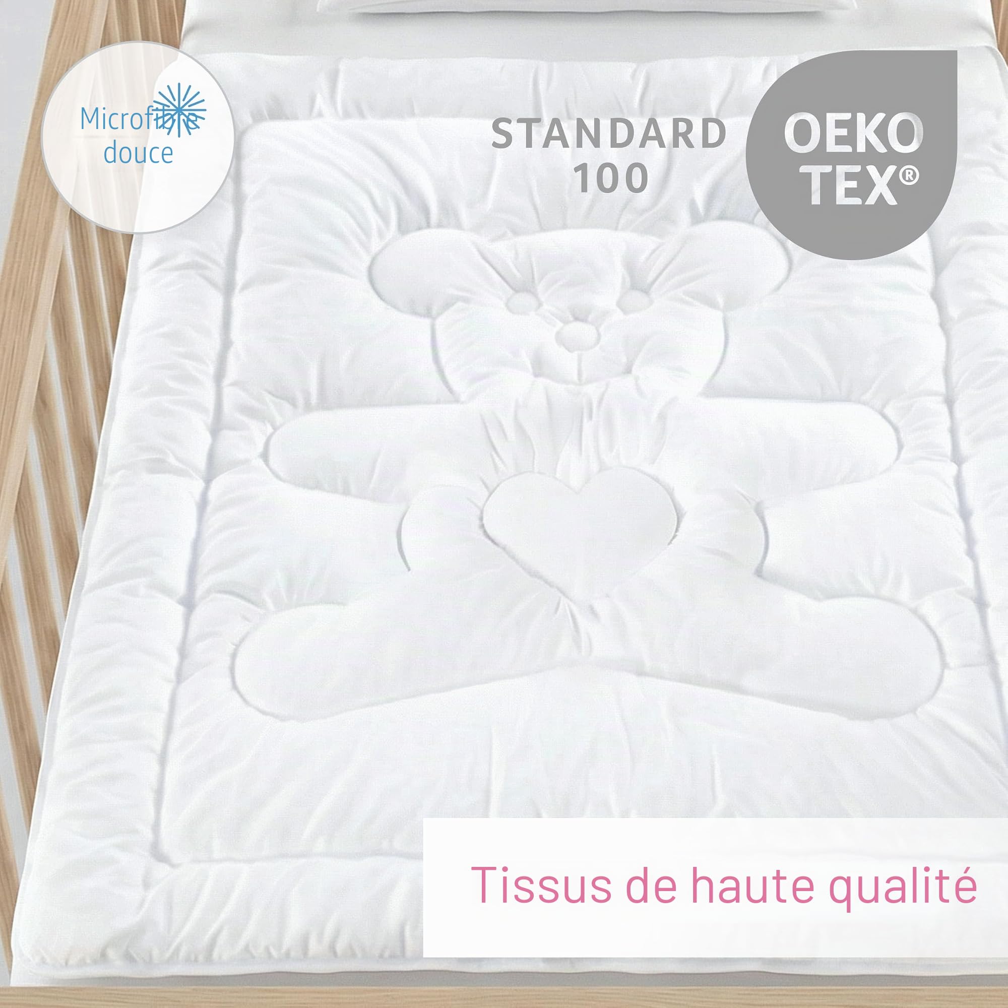 Baby Comfort Parure de lit matelassée et Oreiller Plat pour lit bébé Motif Ours Blanc 120 x 90 cm (12 Mois+)