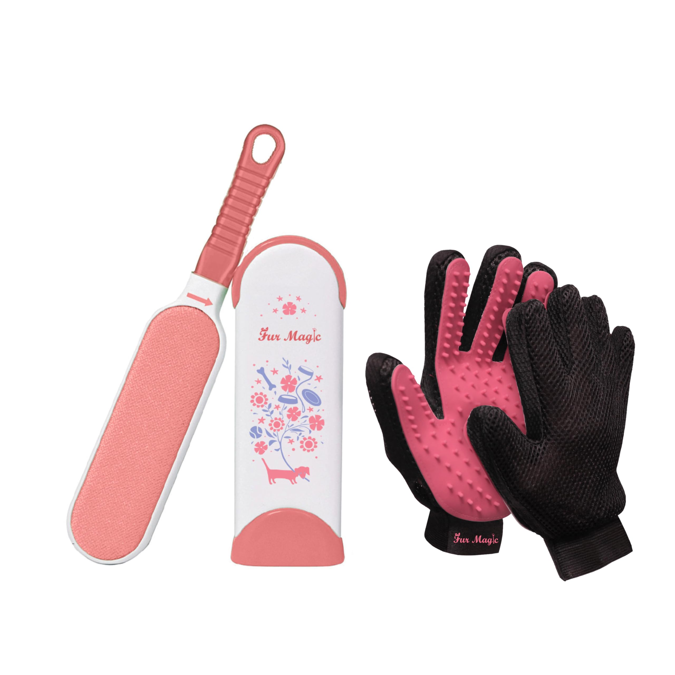 Fur Magic Pink Pet Hair Remover Lint Brush With Self-Cleaning Base + Pair of Grooming Gloves, Remove Hair from Furniture Sofa