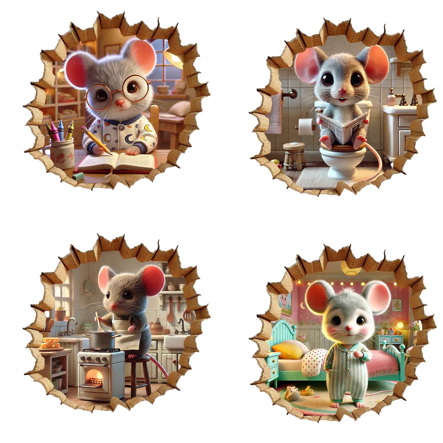 NEXIHOO Creative 3D Mouse Hole Wall Decals - Set of 4 Different Themes for Kids Room Decor, Classroom Decor, and Bathroom Stickers, Peel and Stick Wall Murals for Easy Application and Removal