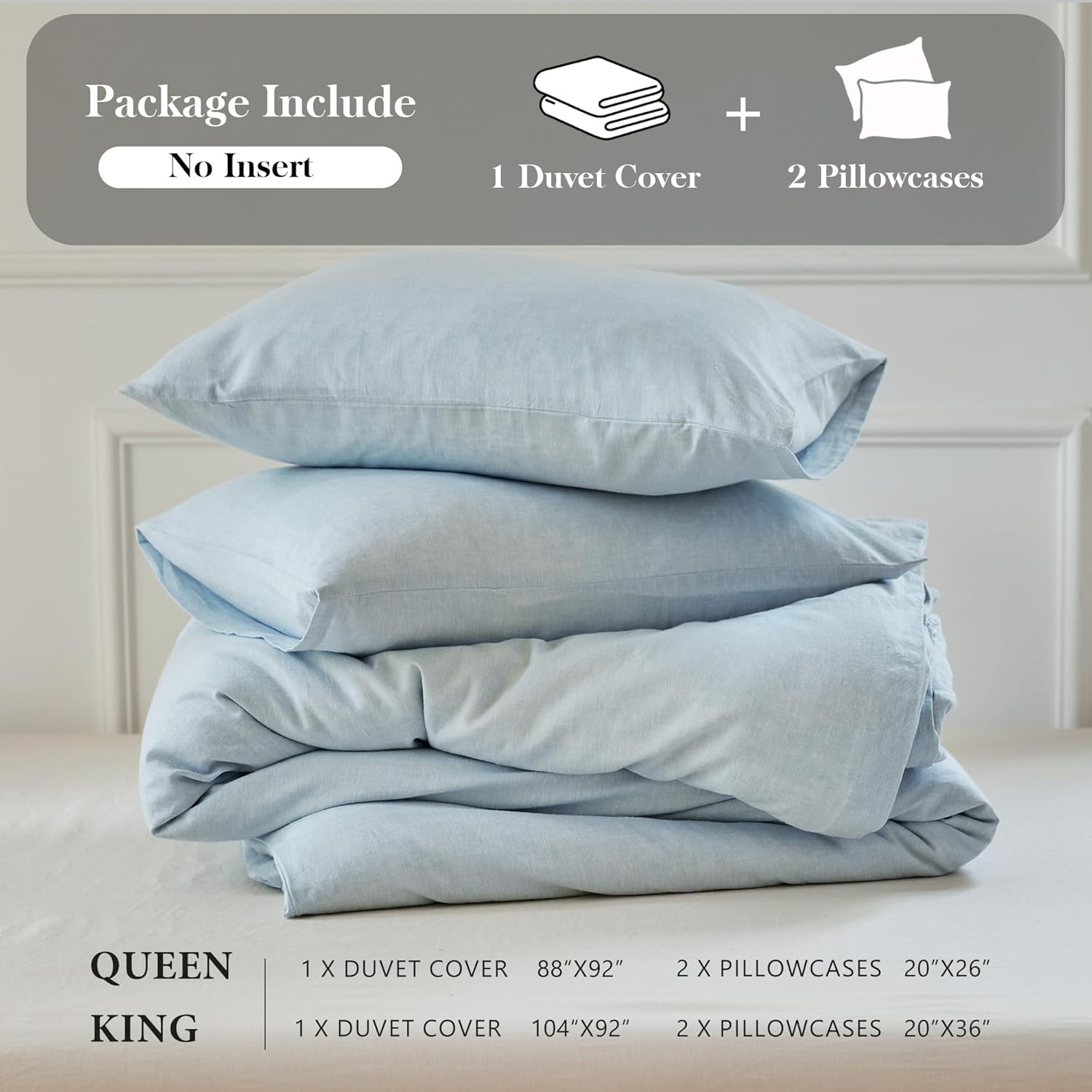 Simple&Opulence Linen Duvet Cover Set Queen Size - French Linen Cotton Woven Blend in Light Blue, 3 Pieces (1 Comforter Cover 88x92” + 2 Pillowcases), Soft & Breathable All-Season Farmhouse Bedding